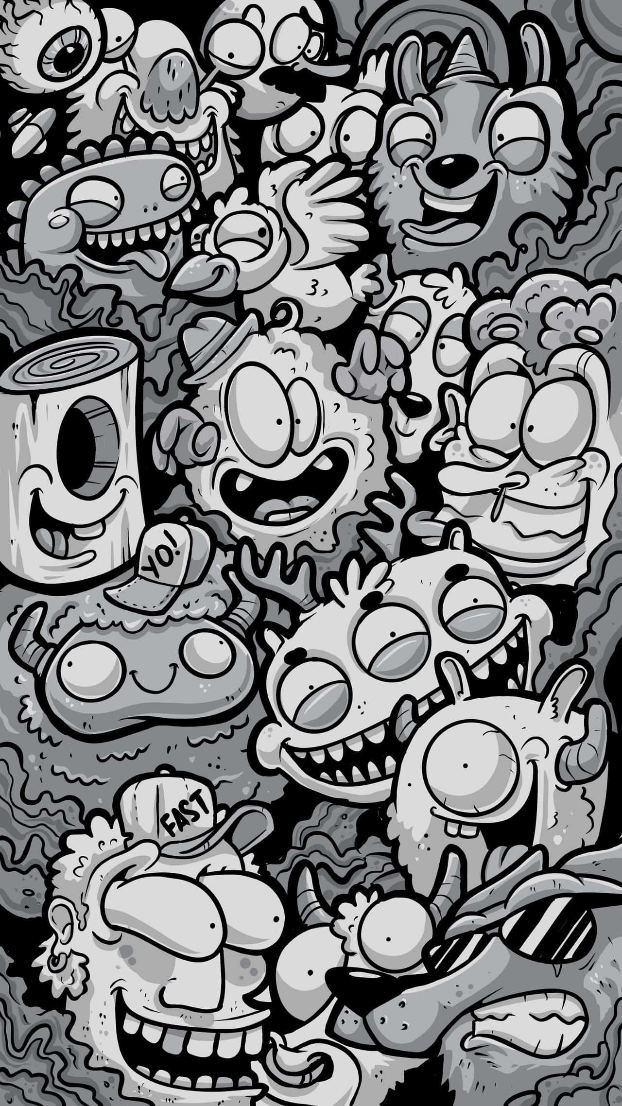 塗鴉動圖 桌布 壁紙 — 一幅黑白卡通風格桌布，充滿了傻笑的怪物和滑稽角色，以密集重疊的構圖呈現混亂感。