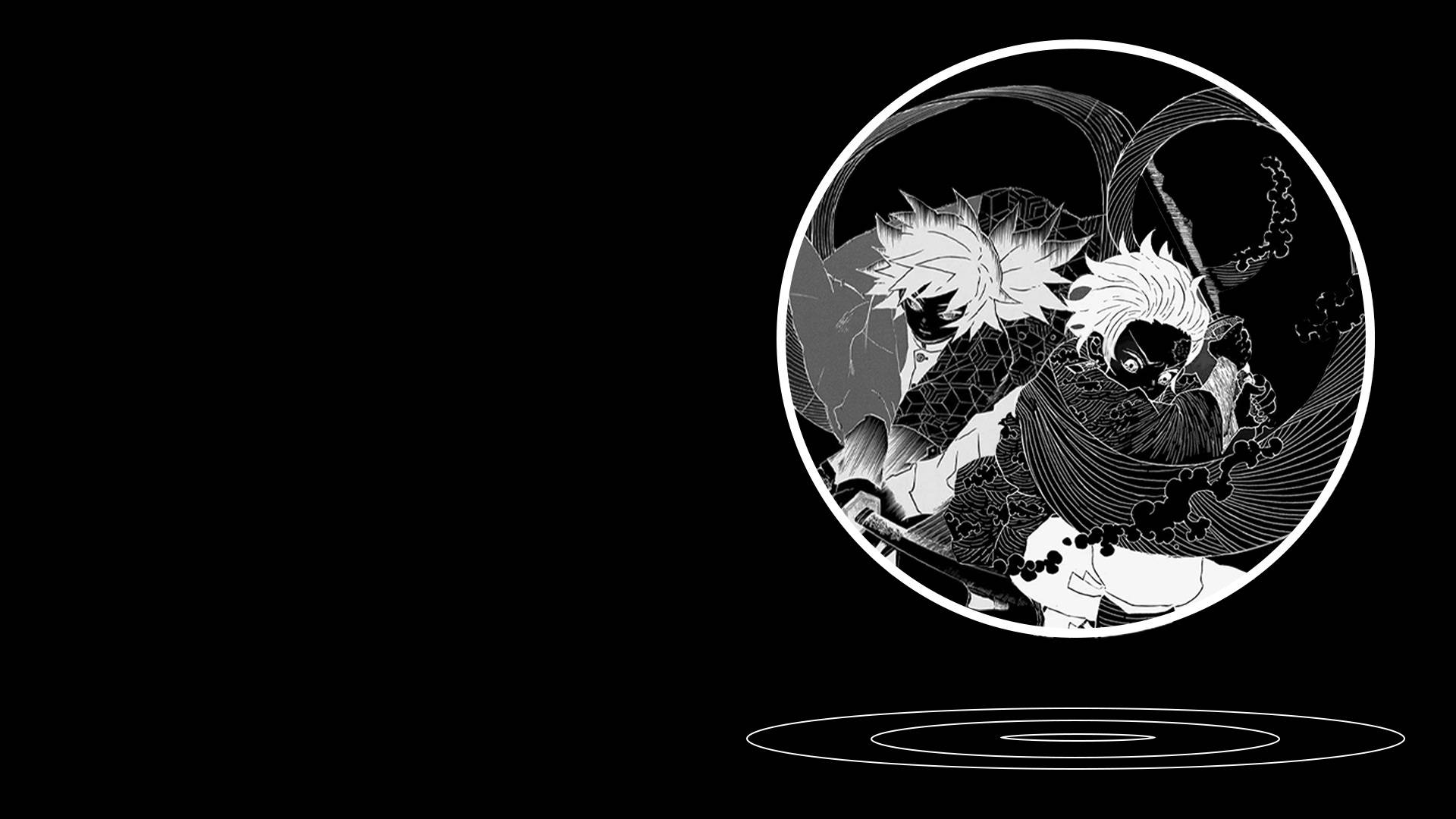 Demon Slayer Black And White 桌布 壁紙 — 一幅黑白圓形插圖，描繪兩位動漫戰士在純黑背景上擺出動態戰鬥姿勢。