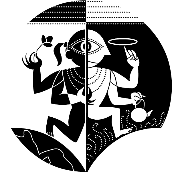 毗濕奴 桌布 壁紙 — 一幅黑白圓形插圖描繪了一個分裂的人物，一側拿著嫩芽，另一側拿著茶壺，兩者都飾有幾何圖案和風格化的眼睛。