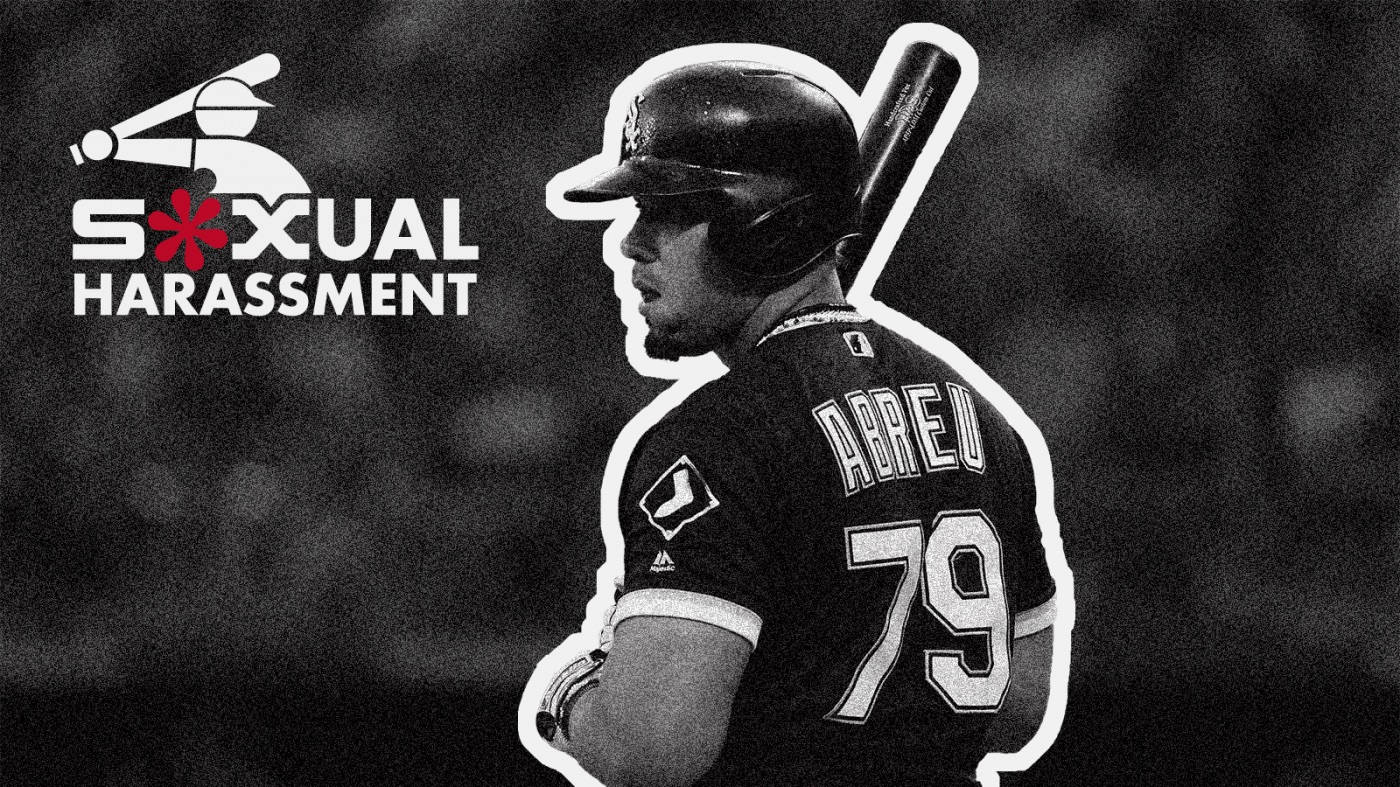 jose abreu 桌布 壁紙 — 一幅黑白圖像，描繪棒球運動員Abreu手持球棒，上面有「性騷擾」文字和標誌。