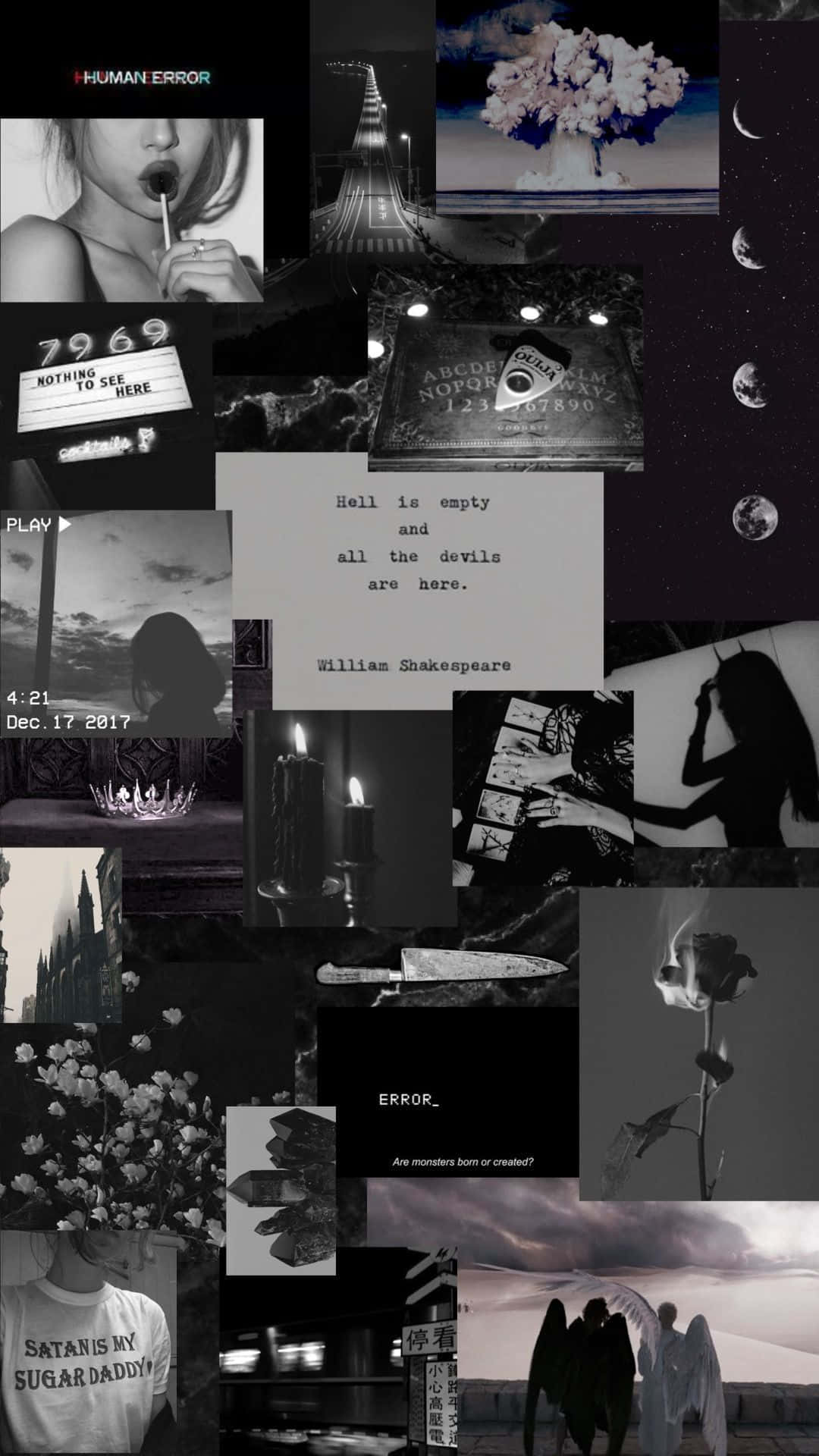 Black And White Collage 桌布 壁紙 — 一幅黑白圖像的黑暗陰鬱拼貼畫，包含不祥的引言、神秘符號和令人毛骨悚然的剪影，背景為宇宙和城市。