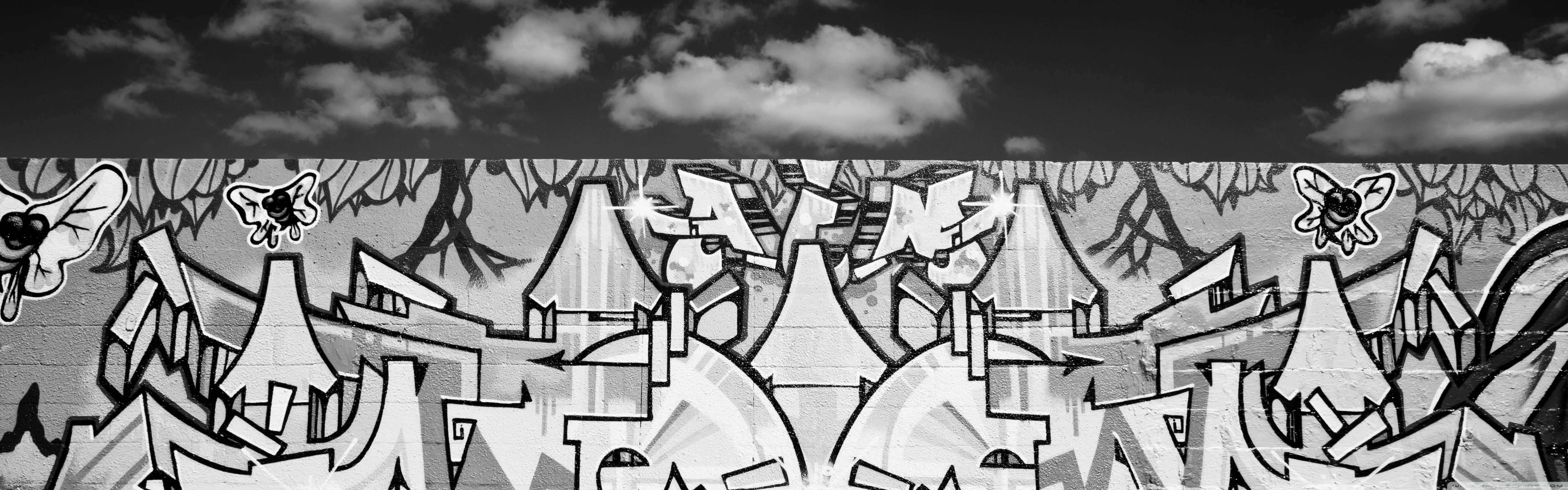 Black And White Graffiti 桌布 壁紙 — 一幅黑白塗鴉壁畫，在陰天天空下繪有風格化的蜜蜂和鋸齒狀文字。