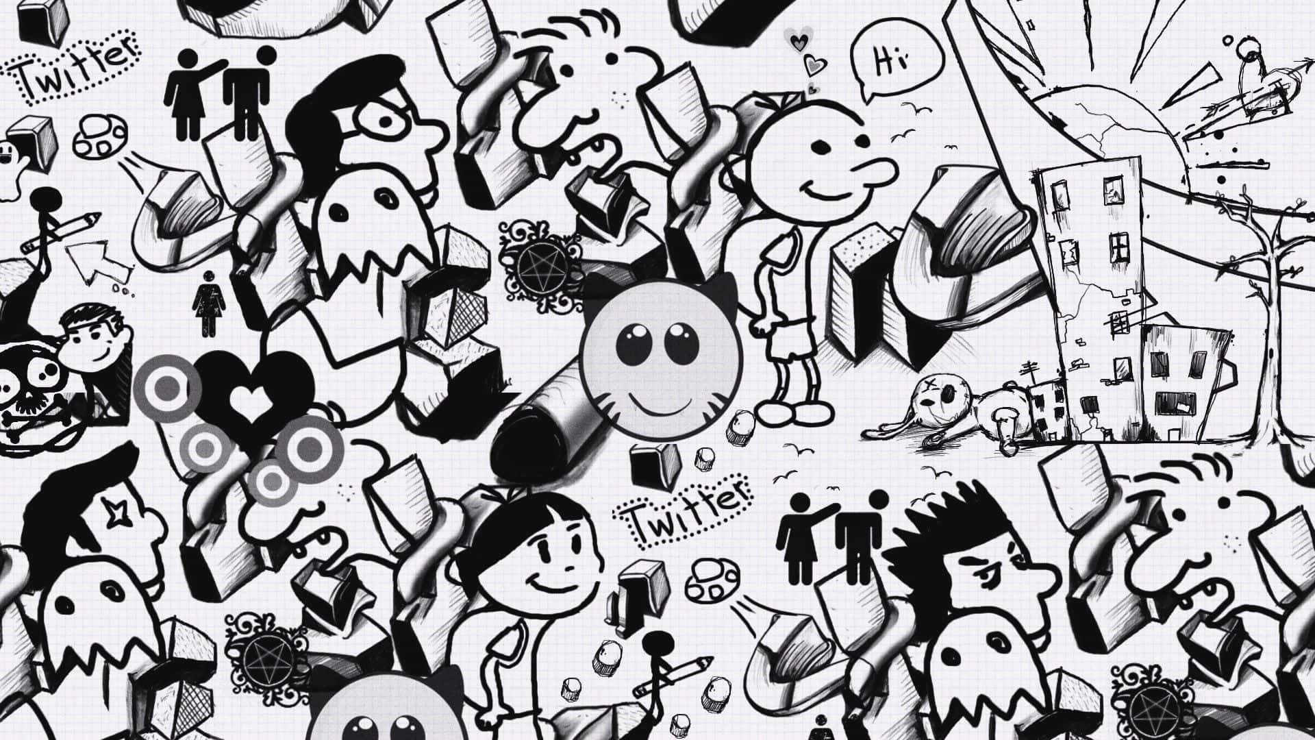Black And White Graffiti 桌布 壁紙 — 一幅黑白塗鴉拼貼畫，充滿卡通角色、社交媒體圖示和抽象形狀，風格混亂而充滿活力。