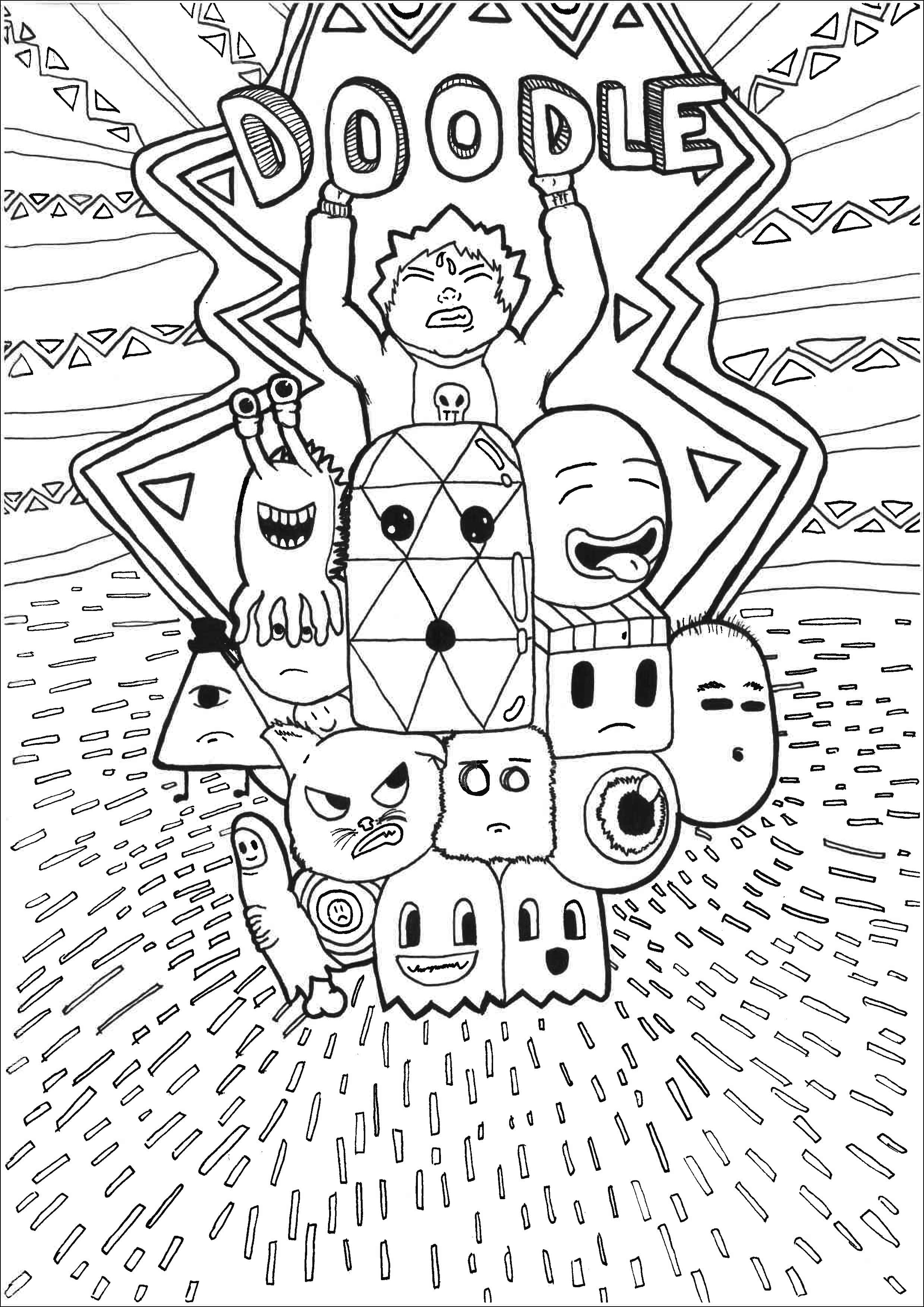 塗鴉動圖 桌布 壁紙 — 一幅黑白塗鴉風格插圖，描繪一個快樂的男孩站在一堆表情豐富的古怪卡通角色之上。