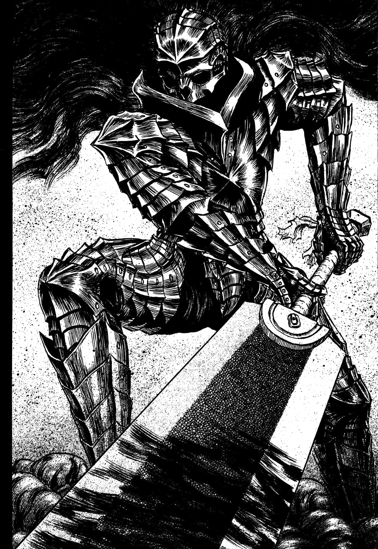 Berserk Manga 桌布 壁紙 — 一幅黑白墨水畫，描繪一名身穿重甲、頭戴骷髏頭盔的騎士，以動態姿勢揮舞一把巨劍。