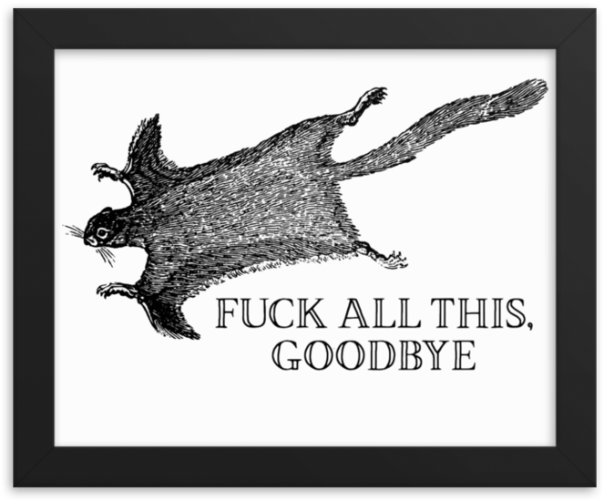 Goodbye 桌布 壁紙 — 一幅黑白復古風格插圖，描繪一隻飛鼠正在滑翔，下方有粗體文字「FUCK ALL THIS GOODBYE」。