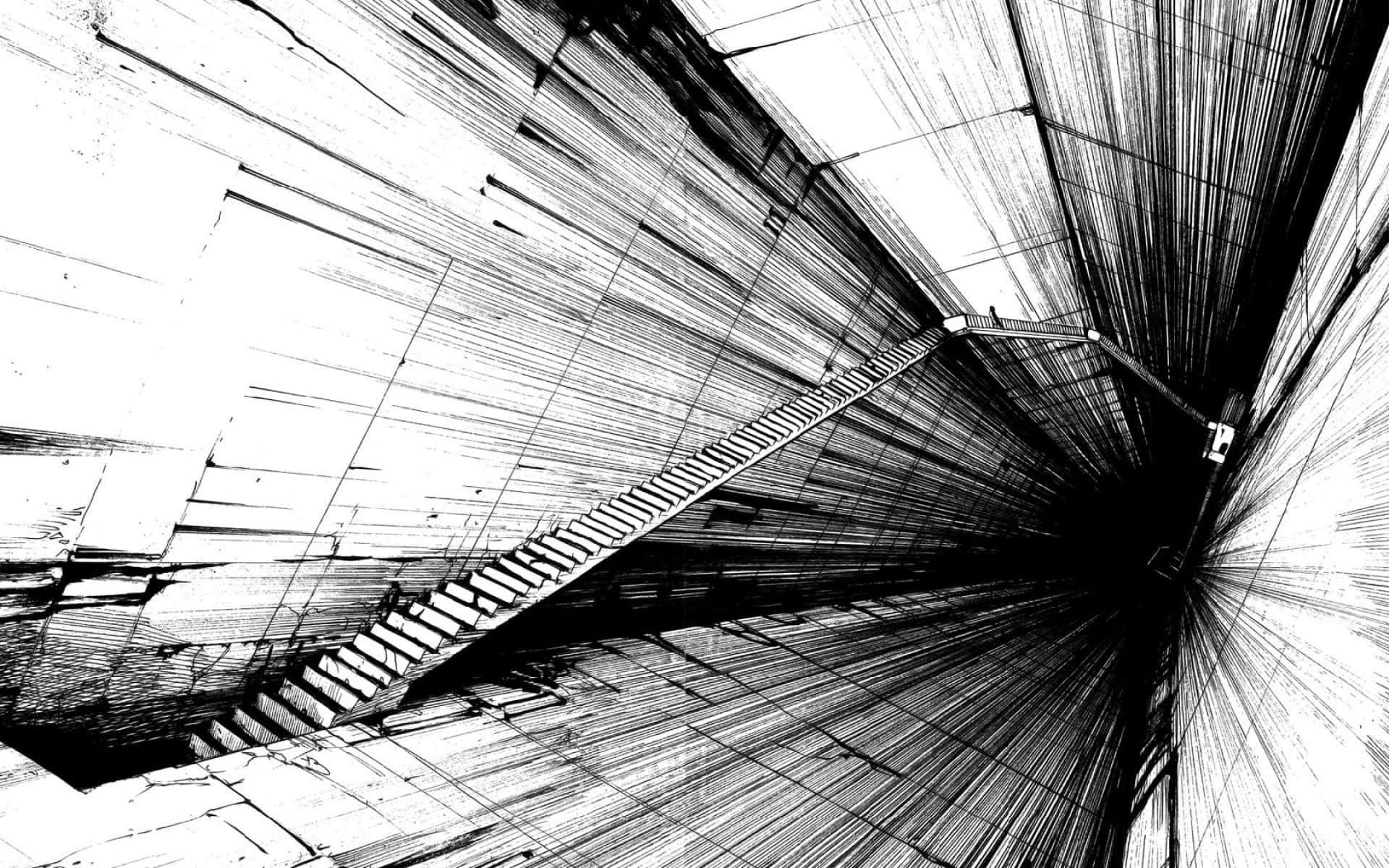 Black And White Architecture 桌布 壁紙 — 一幅黑白抽象插圖，描繪螺旋樓梯消失在帶有放射線的黑暗隧道中。