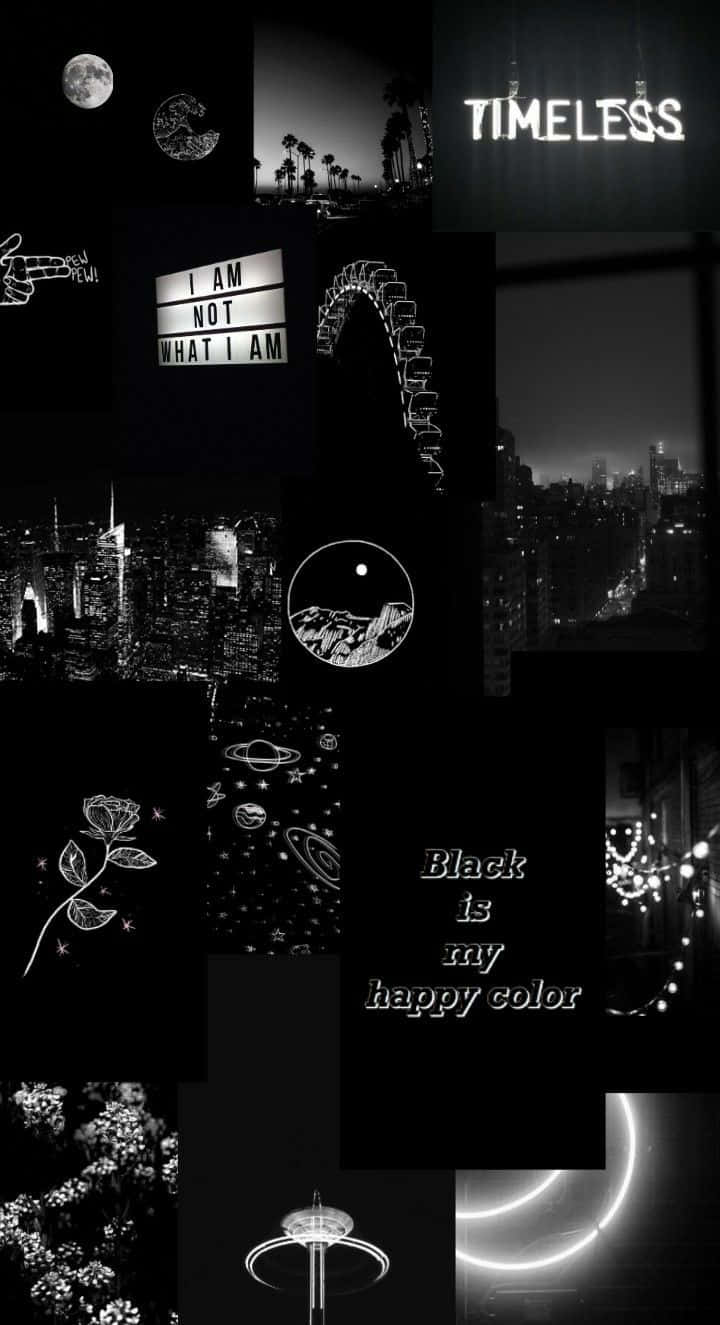 Aesthetic Dark 桌布 壁紙 — 一幅黑白拼貼作品，融合夜景、文字藝術與天體圖案，並帶有發光霓虹點綴。