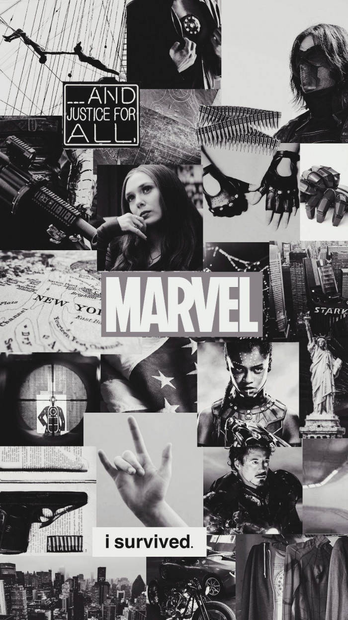  壁紙 — 一幅黑白拼貼畫，包含Marvel超級英雄圖像，包括角色、武器以及自由女神像和紐約天際線等標誌性符號。