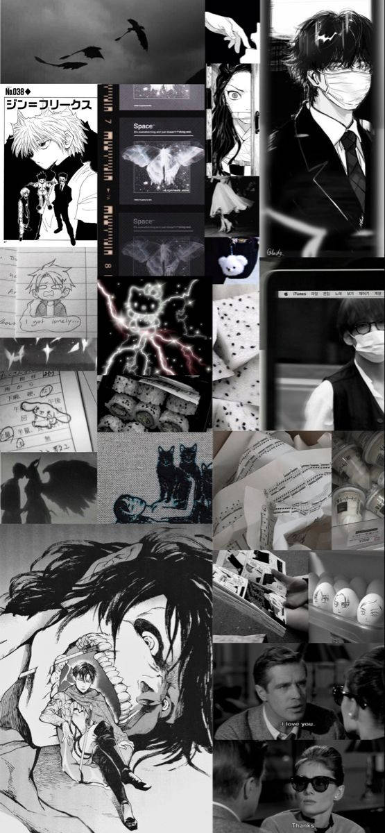 black aesthetic collage 桌布 壁紙 — 一幅黑白拼貼畫，包含動畫、漫畫和電影劇照，特色是戴面具的角色、強烈的表情和超現實的意象。