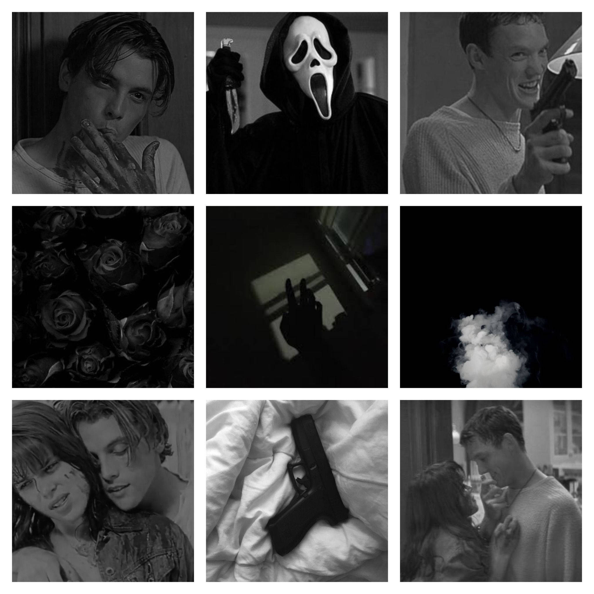 Billy Loomis 桌布 壁紙 — 一幅黑白拼貼畫，呈現強烈的電影時刻，包括戴面具的殺手、浪漫情侶和陰森的影子。