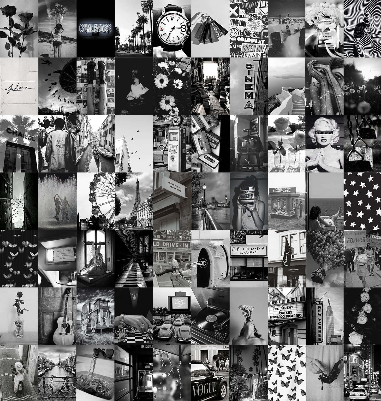 Aesthetic Black And White 桌布 壁紙 — 一幅黑白拼貼畫，展現來自電影、時尚和都市生活的多元復古與流行文化時刻。