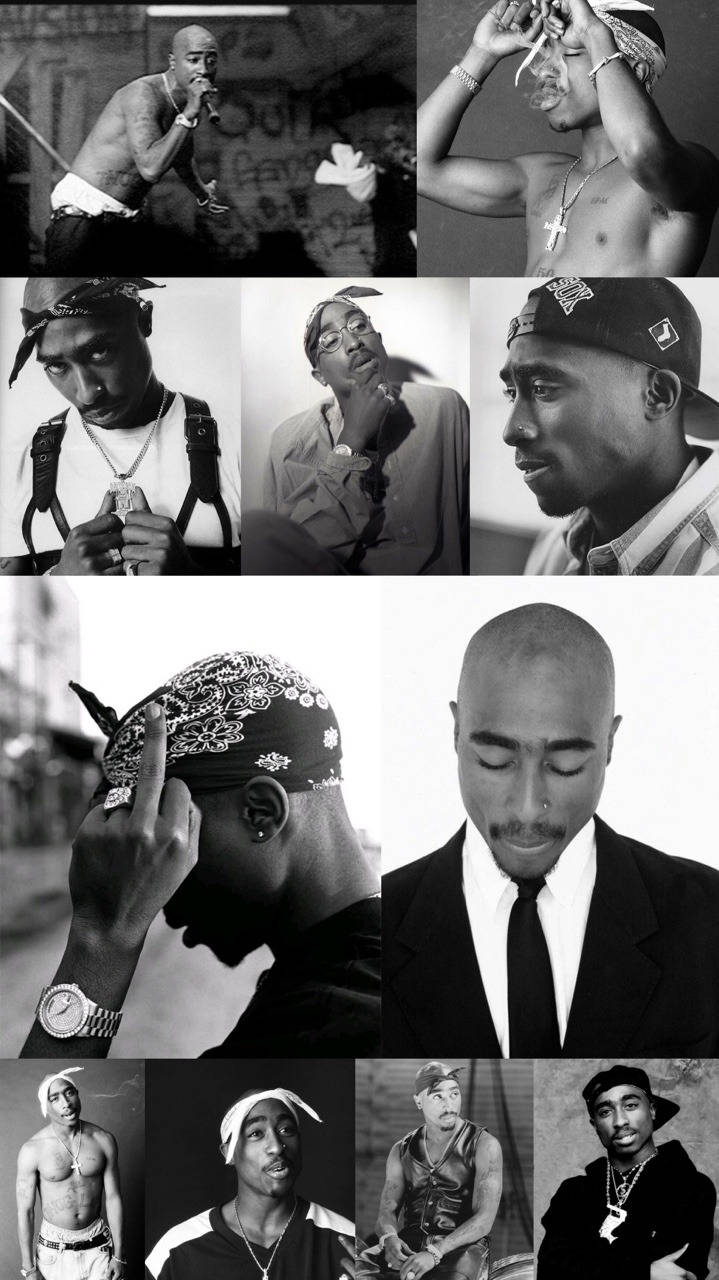 tupac 桌布 壁紙 — 一幅黑白拼貼畫，展示Tupac Shakur在不同場景中的各種標誌性姿勢和表情。