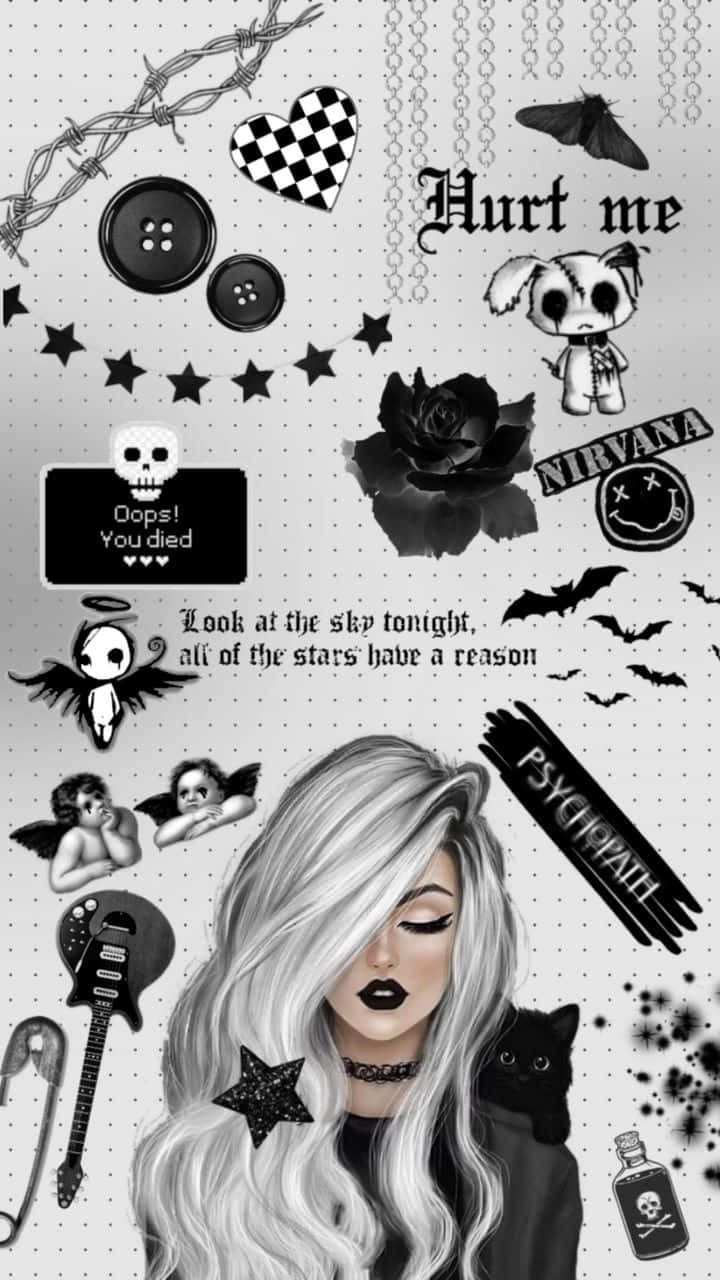 桌布 壁紙 — 一幅黑白拼貼畫，描繪一位金髮女子塗著黑色唇膏，周圍環繞著蝙蝠、玫瑰和Nirvana貼紙等哥德元素。