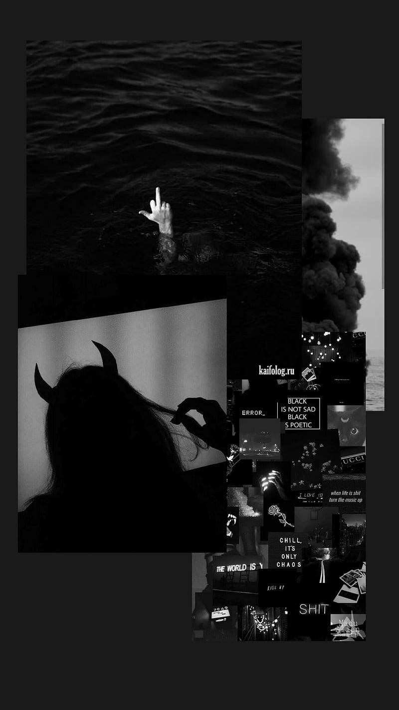 black aesthetic collage 桌布 壁紙 — 一幅黑白拼貼畫，描繪了粗獷的城市場景、一隻從水中升起的手，以及一個有角的剪影靠在牆上。