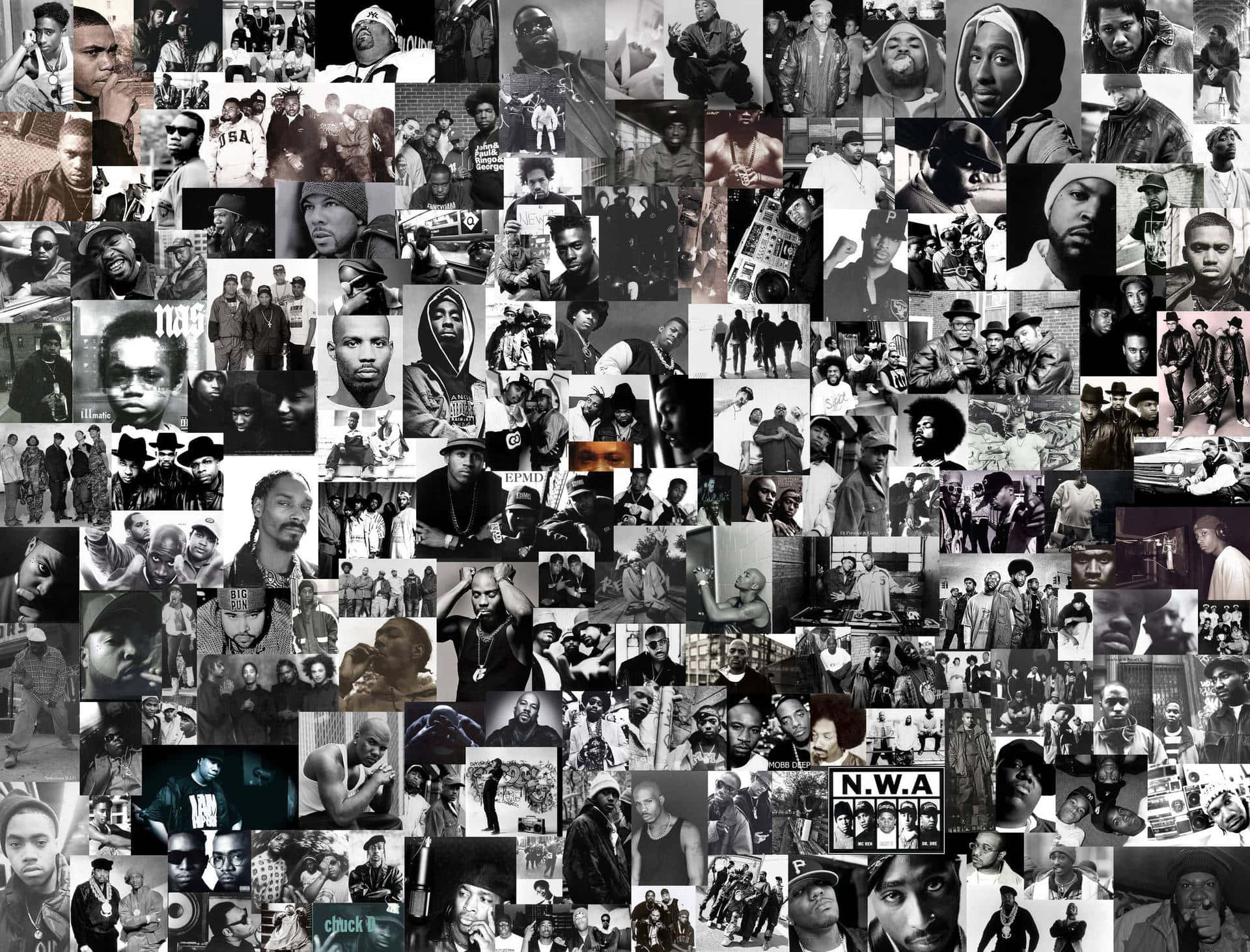Rapper Collage 桌布 壁紙 — 一幅黑白拼貼畫，描繪嘻哈藝術家與文化在粗糙的城市環境中。
