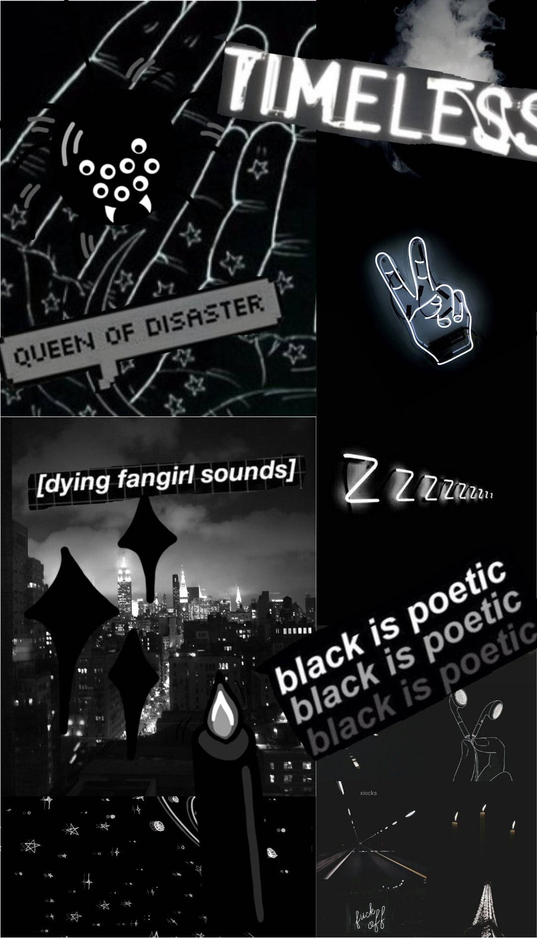 Dark Girly 桌布 壁紙 — 一幅黑白拼貼畫，描繪夜間城市景觀中帶有蠟燭和星星的霓虹燈符號和文字疊加。