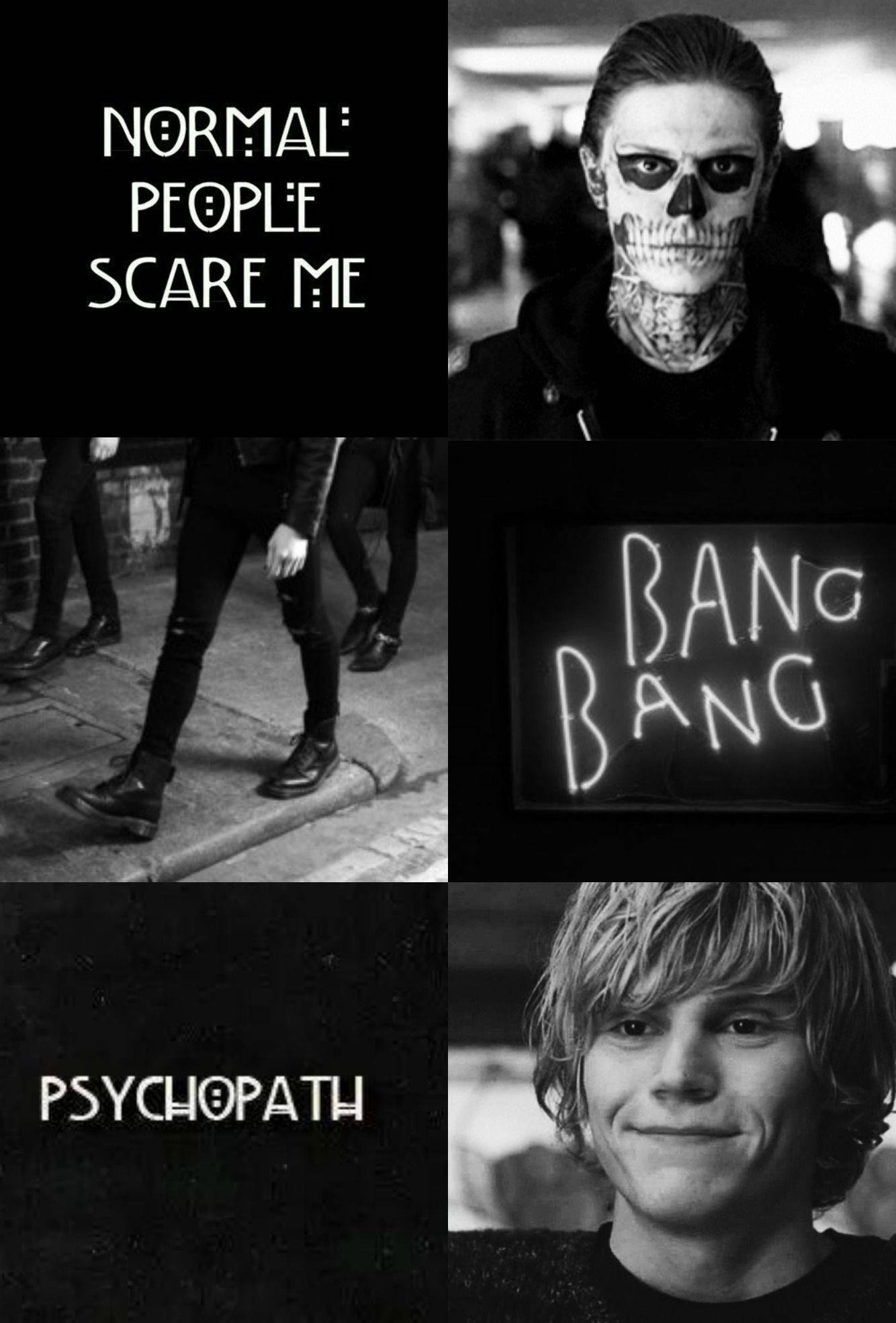 Tate Langdon 桌布 壁紙 — 一幅黑白拼貼畫，特色是骷髏臉的人、行走的腳、霓虹燈牌和微笑的男人，並帶有文字疊加。