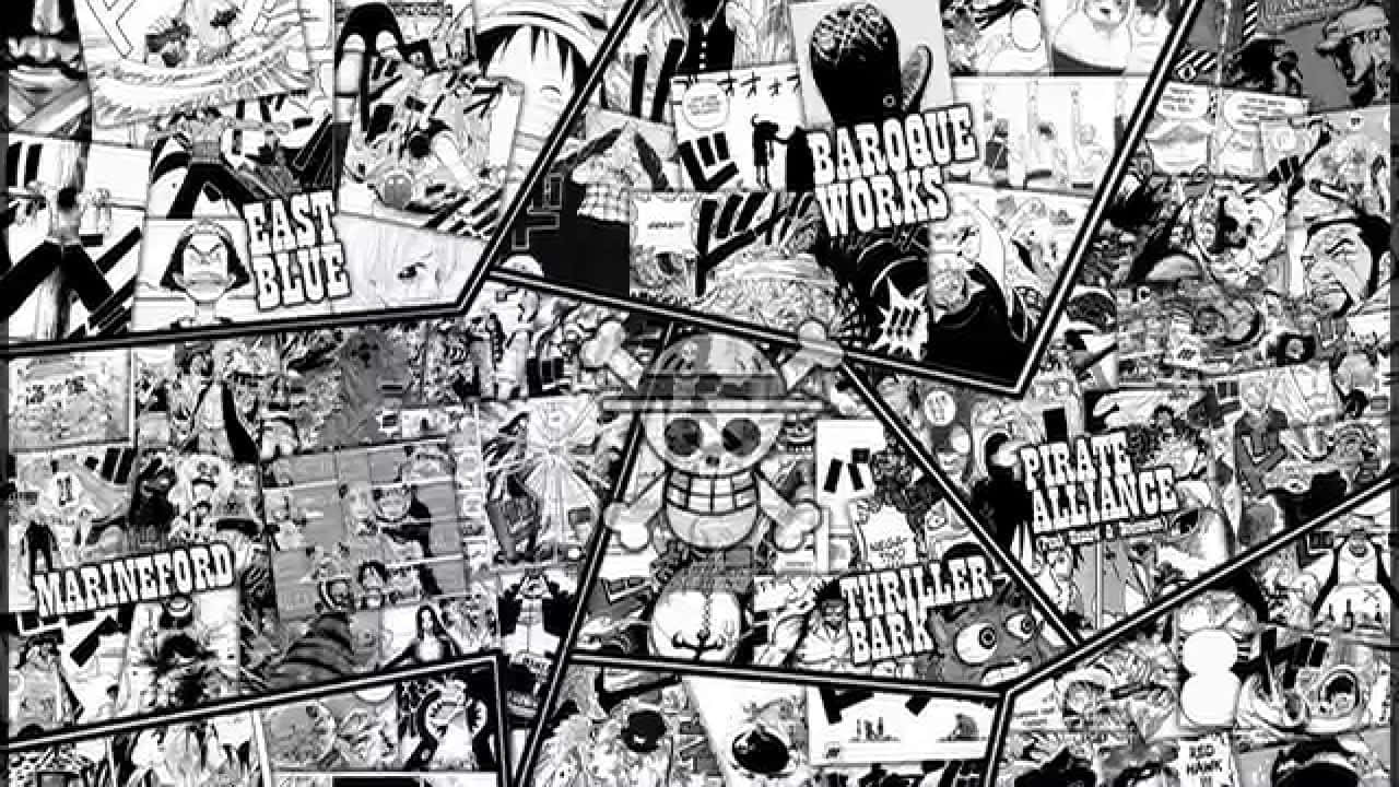 Manga Pages 桌布 壁紙 — 一幅黑白拼貼畫，由《航海王》漫畫面板以碎片化幾何圖案排列而成。