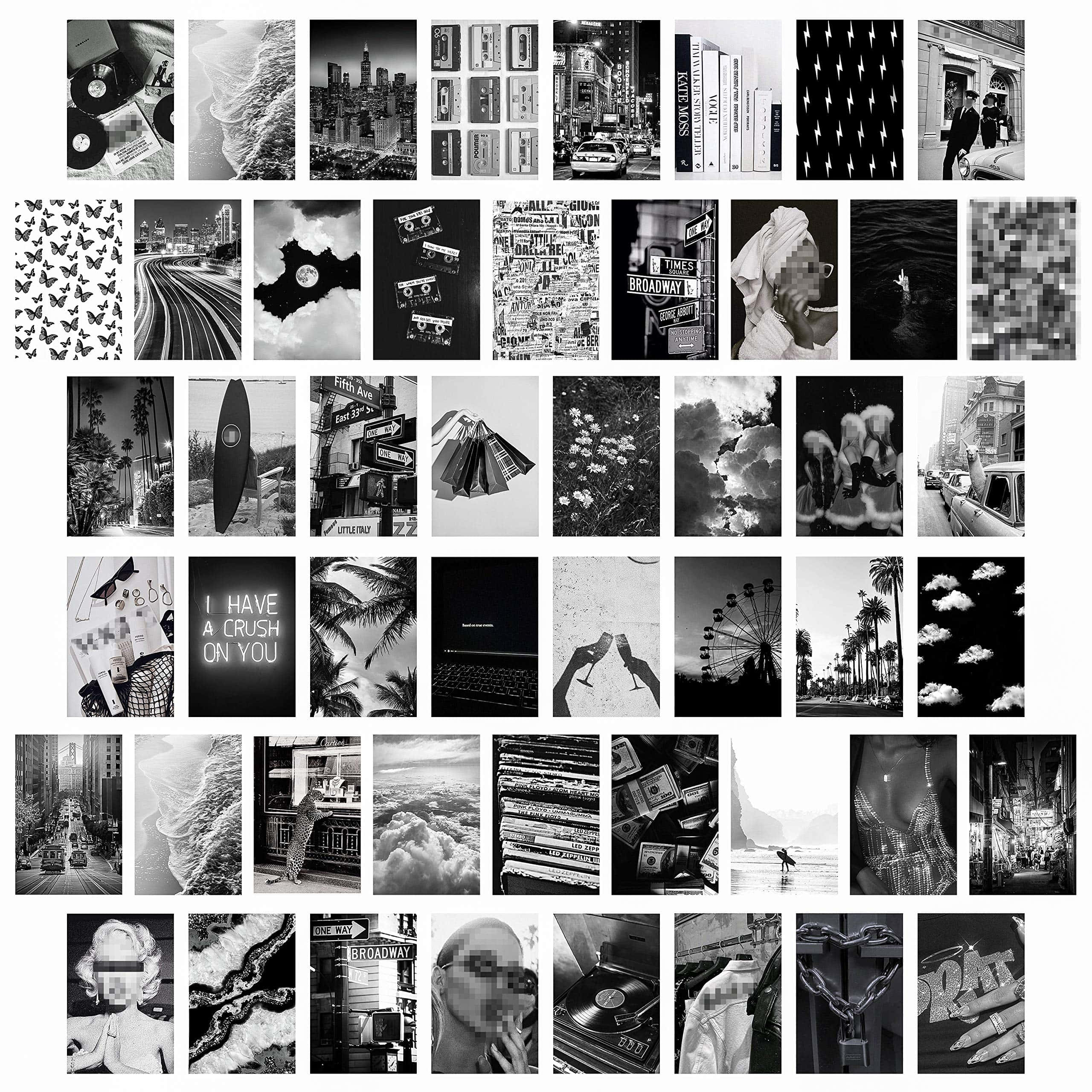 Aesthetic Black And White 桌布 壁紙 — 一幅黑白拼貼畫，融合了城市街景、復古唱片和單色抽象圖案。