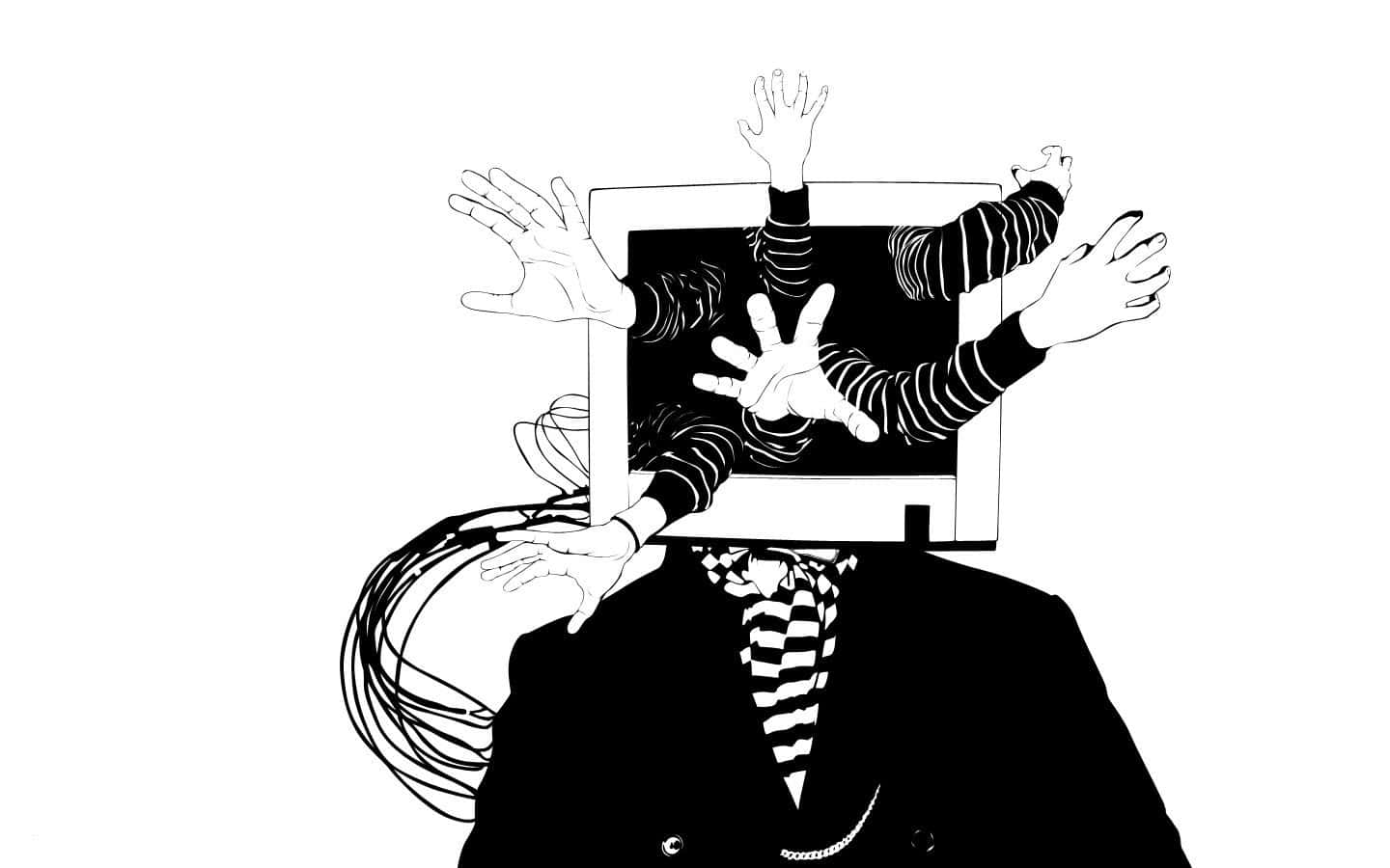 Dark Surrealism 桌布 壁紙 — 一幅黑白插圖，描繪一個人以電視為頭，多隻手從螢幕中爆出，呈現混亂的畫面。