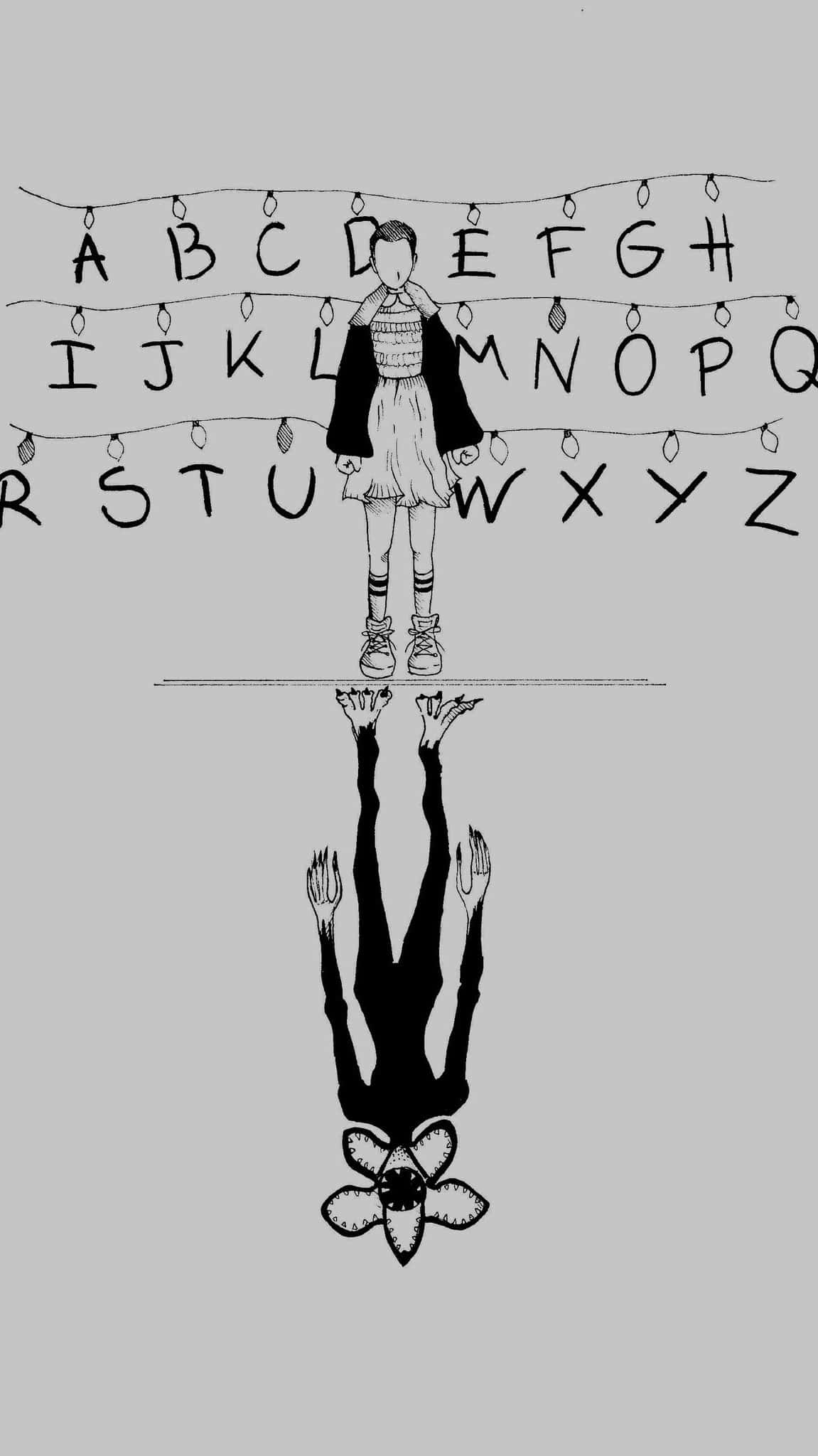 Eleven Stranger Things 桌布 壁紙 — 一幅黑白插圖，描繪一個孩子站在一串帶有字母的燈光前，下方有一個倒置的怪物形象與之對應。