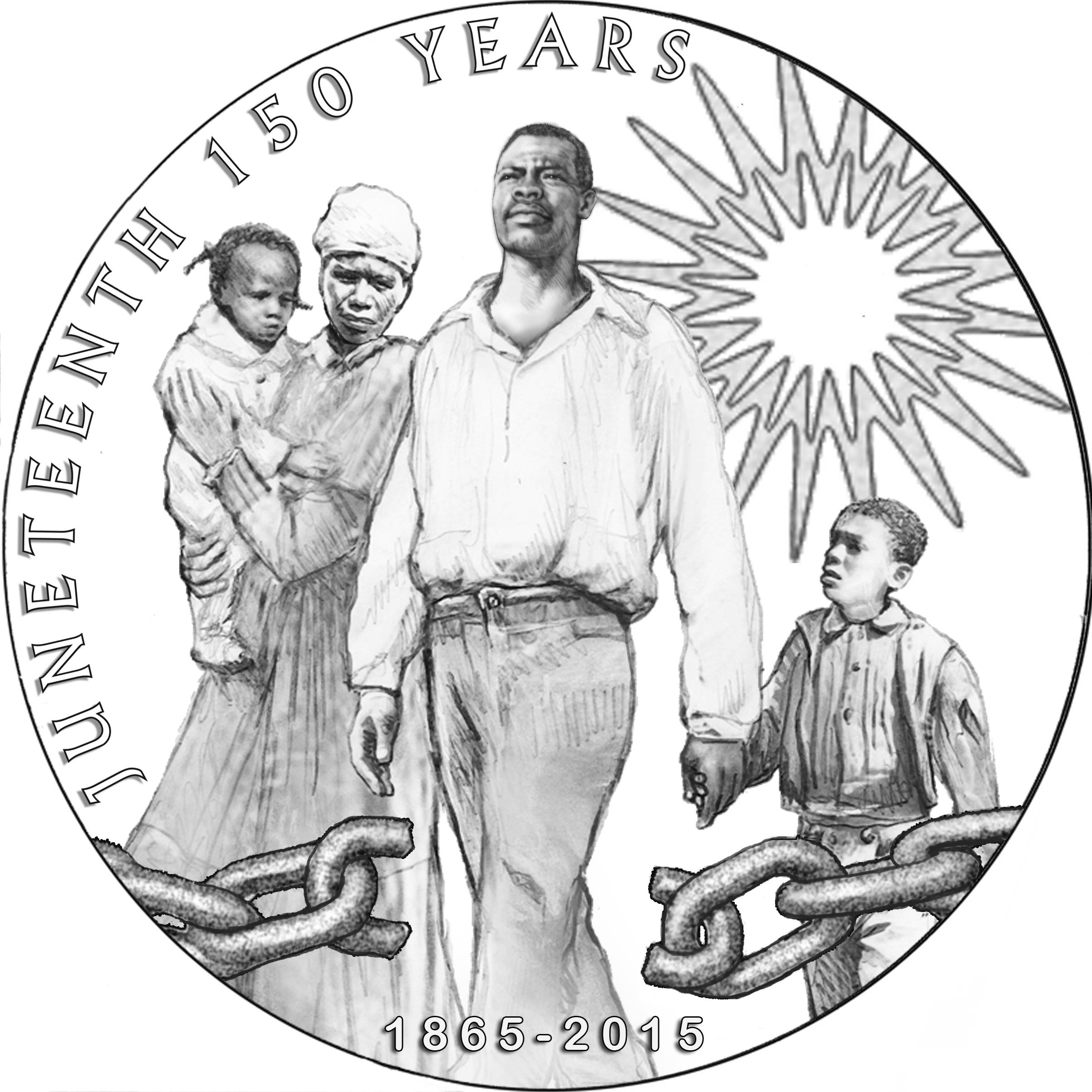 Juneteenth 桌布 壁紙 — 一幅黑白插圖，描繪一個家庭在燦爛陽光下掙脫鎖鏈，紀念六月節150年1865-2015。