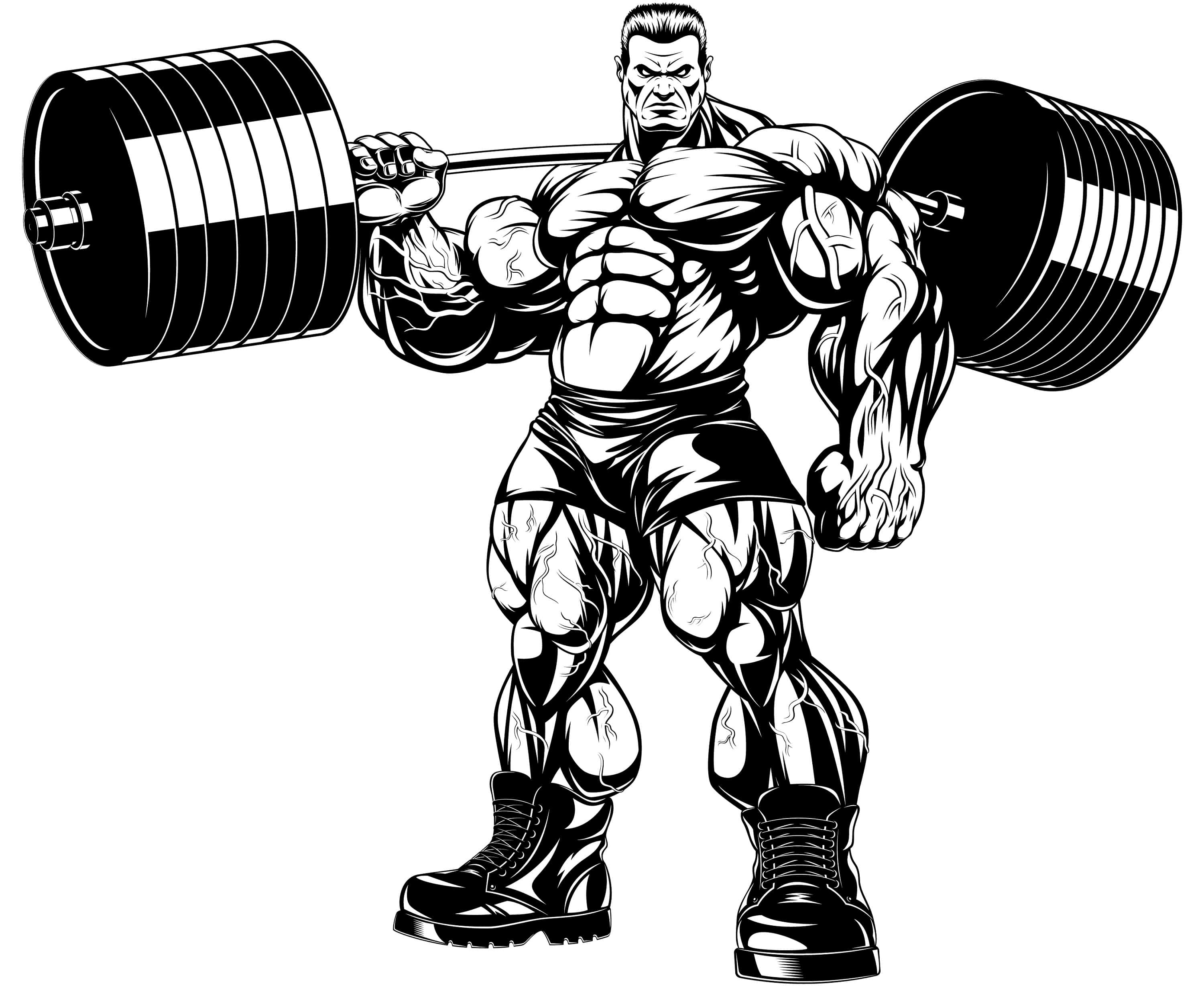 bodybuilding 桌布 壁紙 — 一幅黑白插圖，描繪一個肌肉發達的男子專注地舉起沉重的槓鈴。