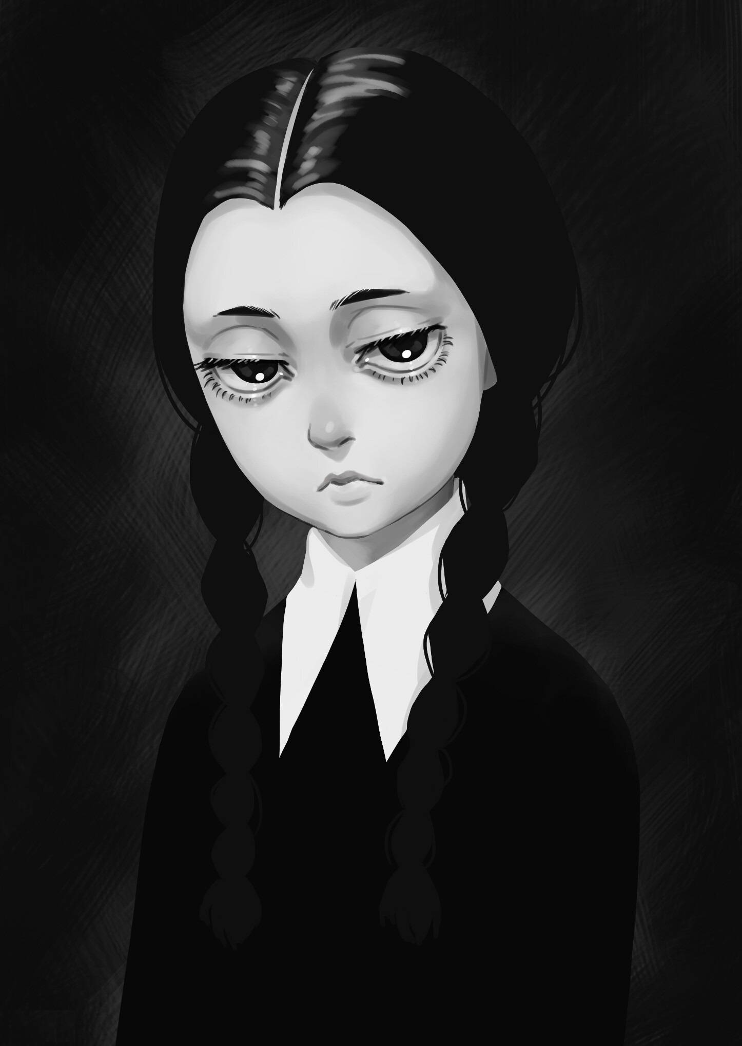 阿達一族 桌布 壁紙 — 一幅黑白插圖，描繪一個長辮子、表情嚴肅的年輕女孩，背景是深色紋理。