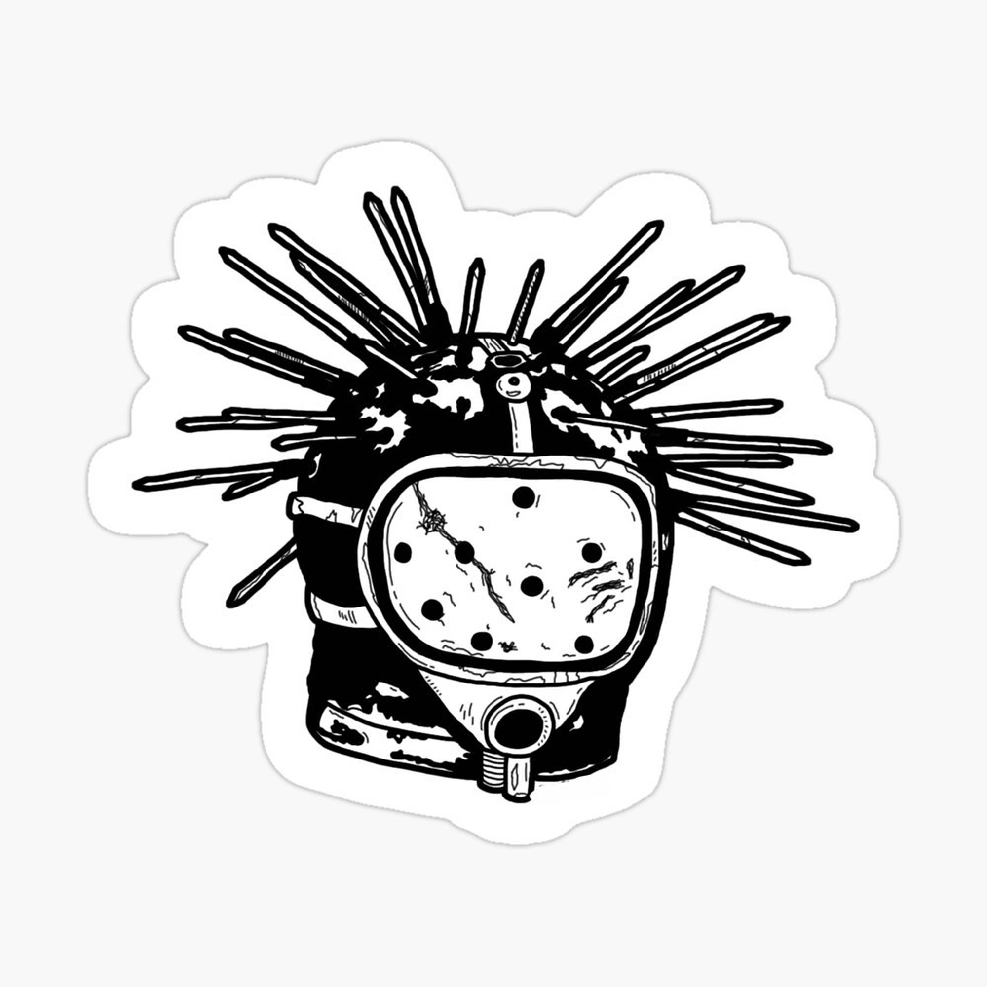 craig jones 桌布 壁紙 — 一幅黑白插圖，描繪一隻帶刺的海膽戴著破裂的潛水頭盔，帶有鋸齒狀、草圖般的輪廓。