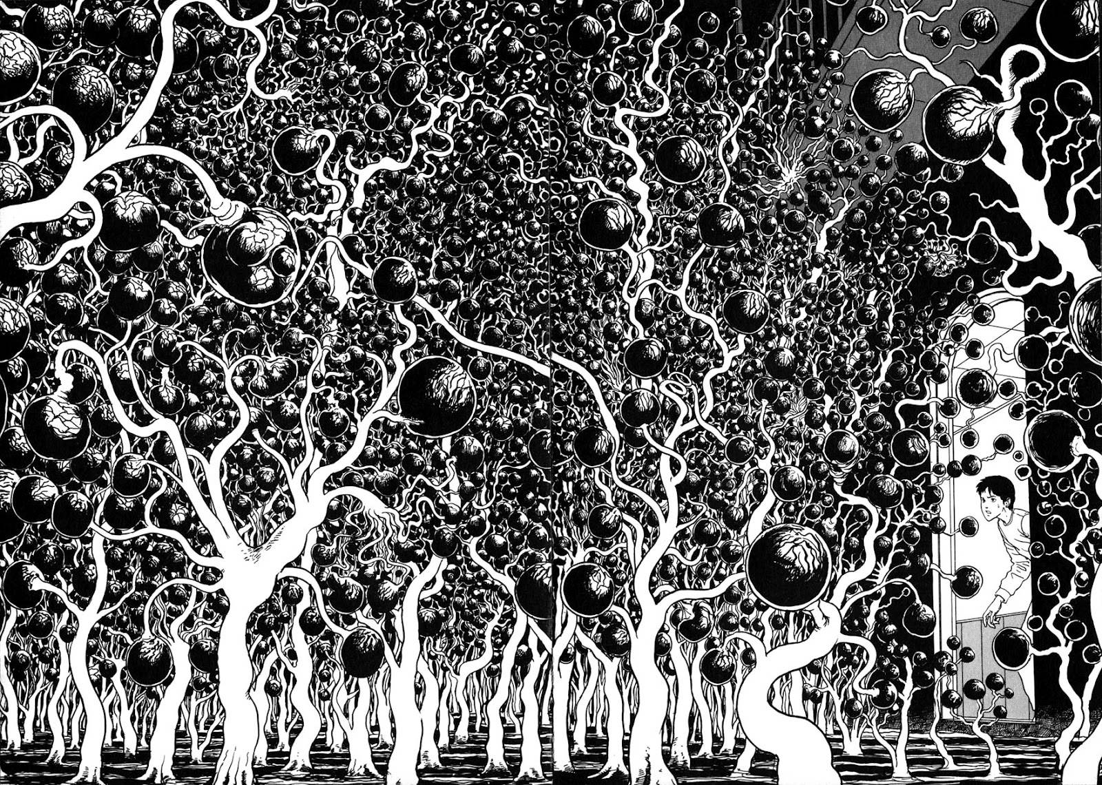 Junji Ito 桌布 壁紙 — 一幅黑白插圖，描繪了一個超現實的森林，有球根狀的樹木，一個男孩從門口窺視著混亂的場景。