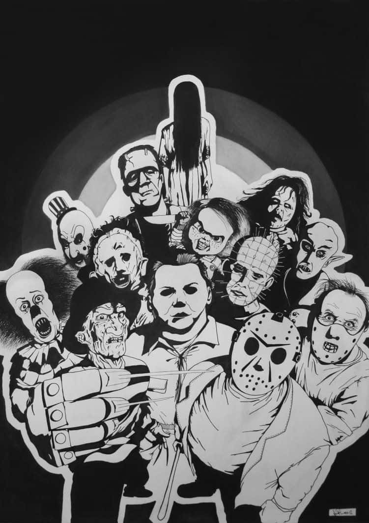Horror Icons 桌布 壁紙 — 一幅黑白插圖，描繪了標誌性的恐怖電影反派在黑暗圓形背景下威脅性地聚集在一起。