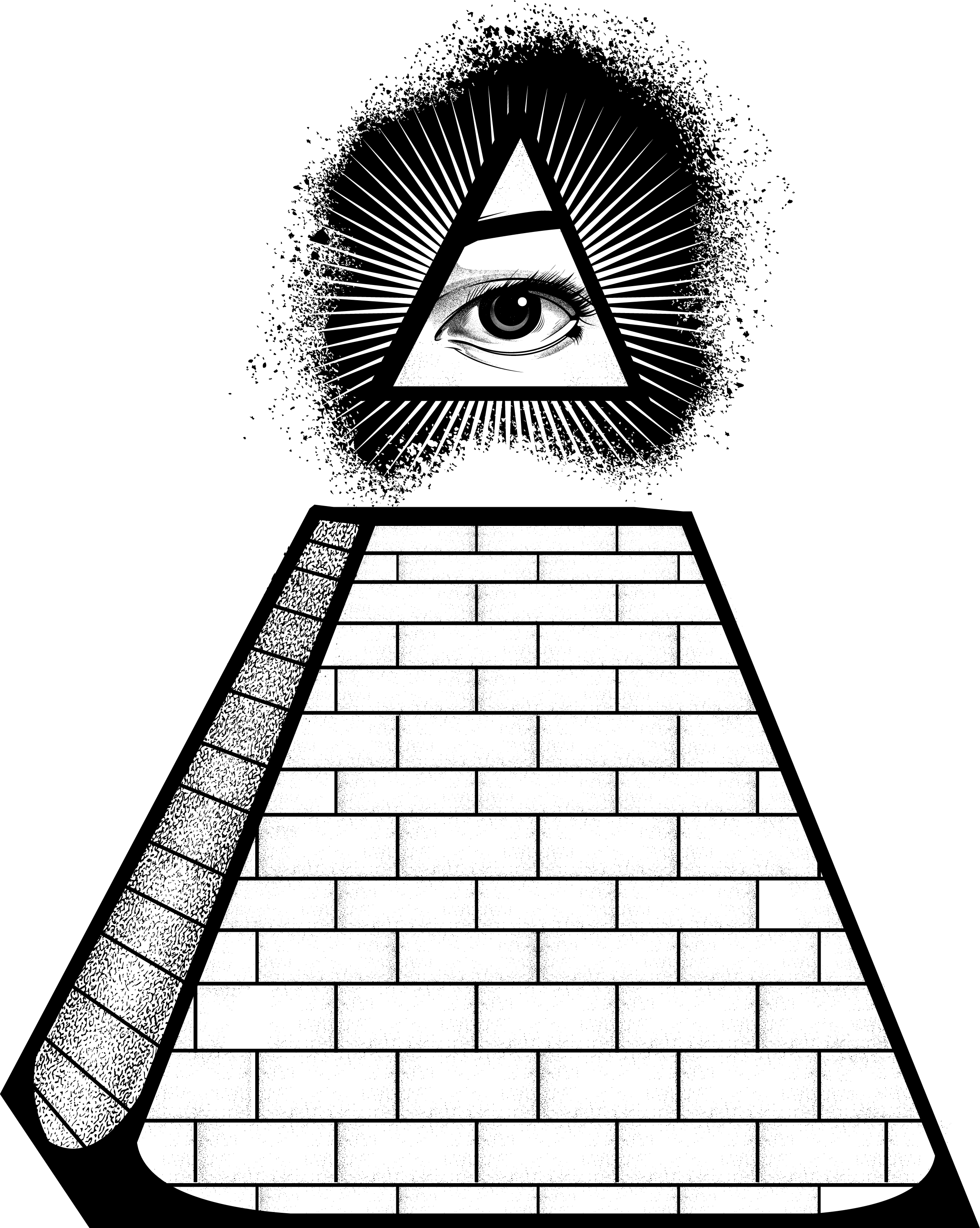 illuminati 桌布 壁紙 — 一幅黑白插圖，描繪了磚砌金字塔頂部的全視之眼，帶有放射線和飛濺效果。
