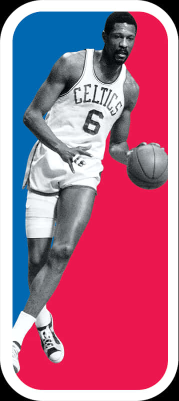 NBA標誌 桌布 壁紙 — 一幅黑白插圖，描繪籃球運動員比爾·羅素身穿塞爾提克球衣，在鮮明的藍色和紅色背景前運球。