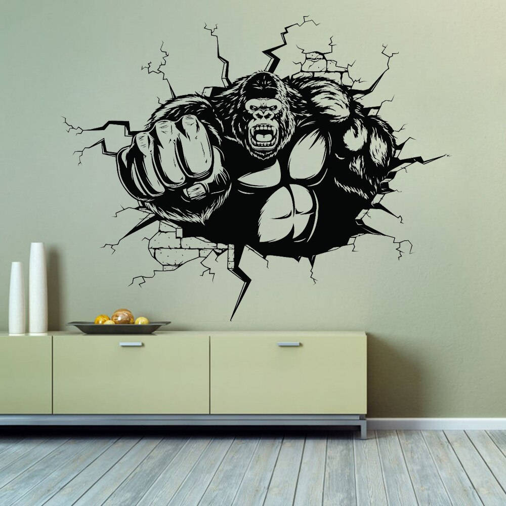 Gorilla 桌布 壁紙 — 一幅黑白插圖中的浩克（Hulk）衝破牆壁，裂縫向外擴散，上方有一個米色櫃子。