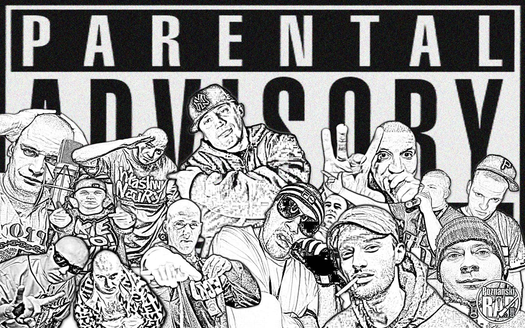 Parental Advisory Logo 桌布 壁紙 — 一幅黑白插圖拼貼畫，以 'Parental Advisory' 標籤展示標誌性的嘻哈藝術家。