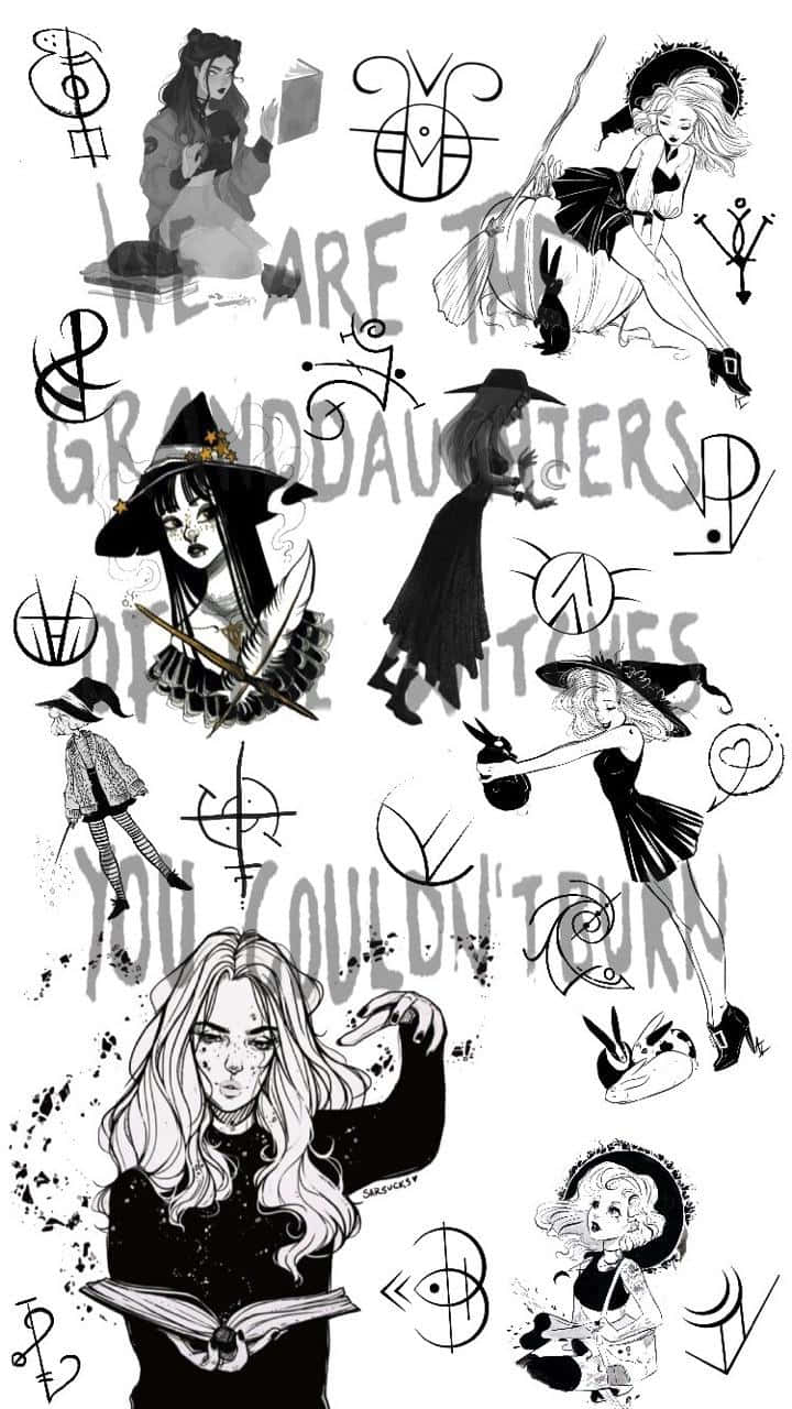 Witchy Phone 桌布 壁紙 — 一幅黑白插圖拼貼畫，描繪了各種姿勢的風格化女巫，帶有神秘符號和文字疊加。