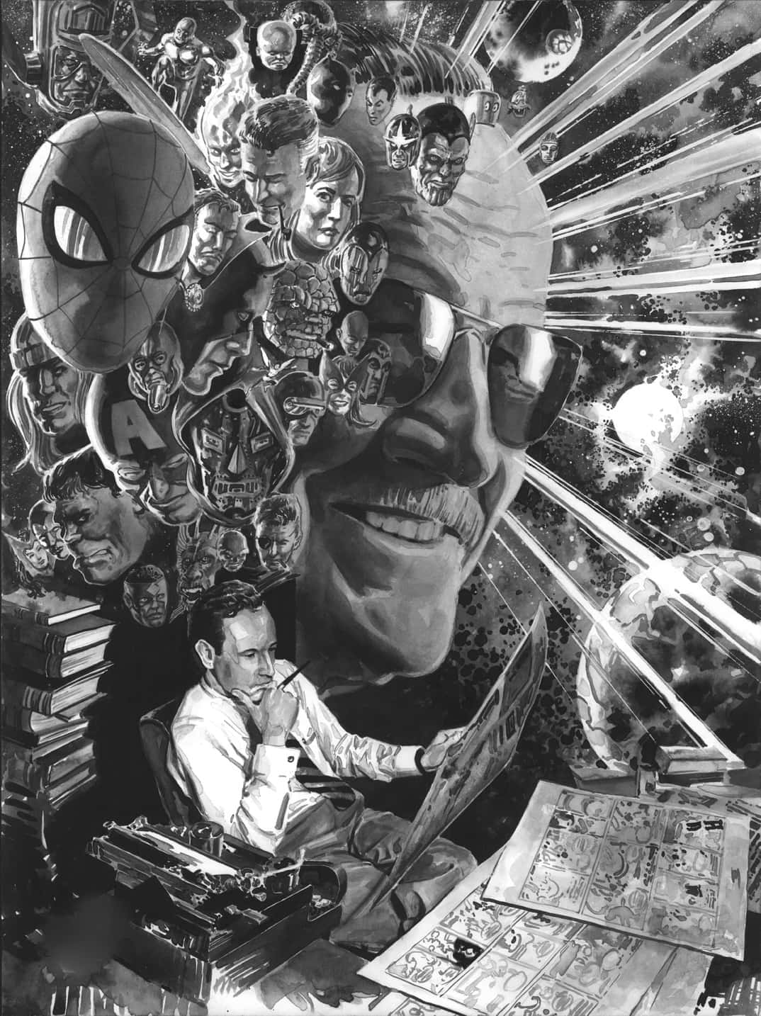 Stan Lee Tribute 桌布 壁紙 — 一幅黑白插圖顯示一個男人在書桌前，被漫畫角色和宇宙元素包圍。