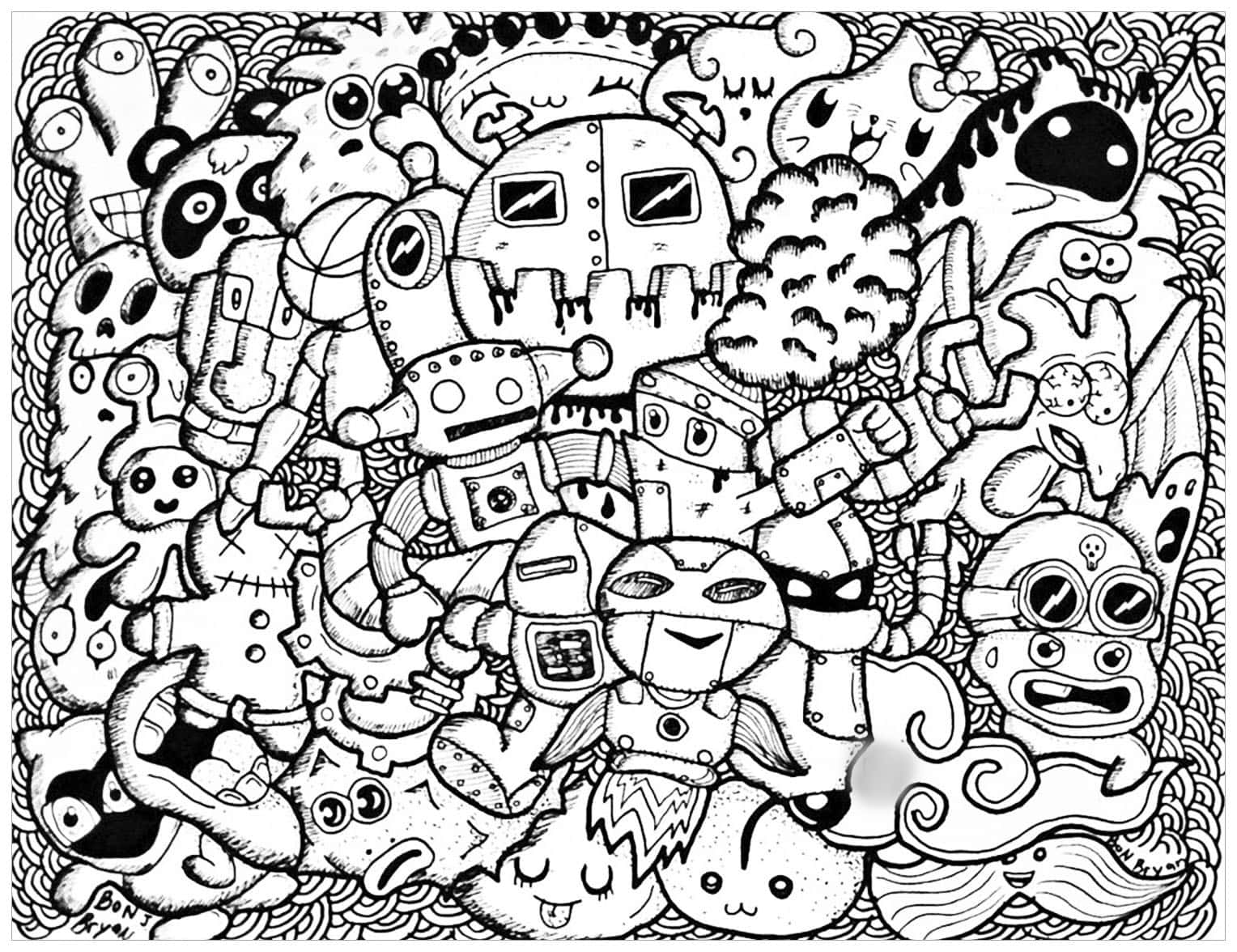 塗鴉動圖 桌布 壁紙 — 一幅黑白混亂塗鴉拼貼畫，描繪了表情豐富的奇異機器人和卡通生物。
