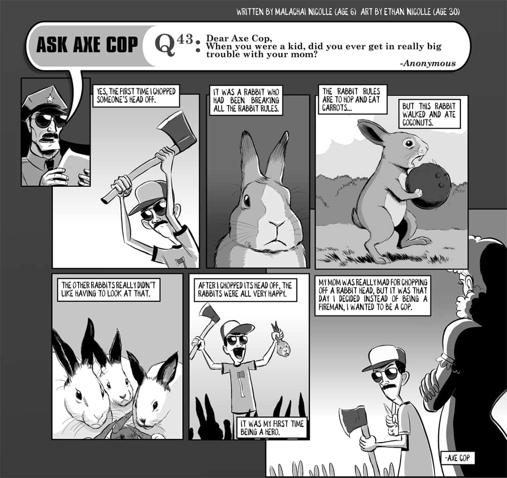 Comics 桌布 壁紙 — 一幅黑白漫畫，斧頭警察講述童年時砍掉一隻吃椰子兔子的頭的故事。