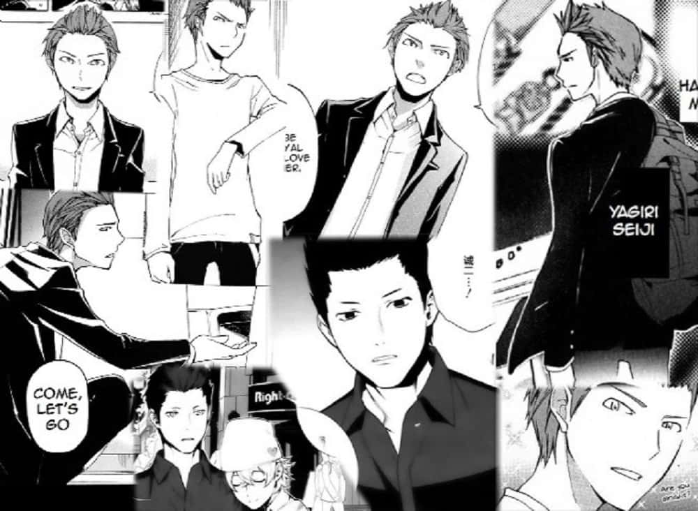 Seiji Yagiri 桌布 壁紙 — 一幅黑白漫畫拼貼，包含多個面板，展示一位擁有尖刺頭髮的年輕男子，呈現各種姿勢和表情。