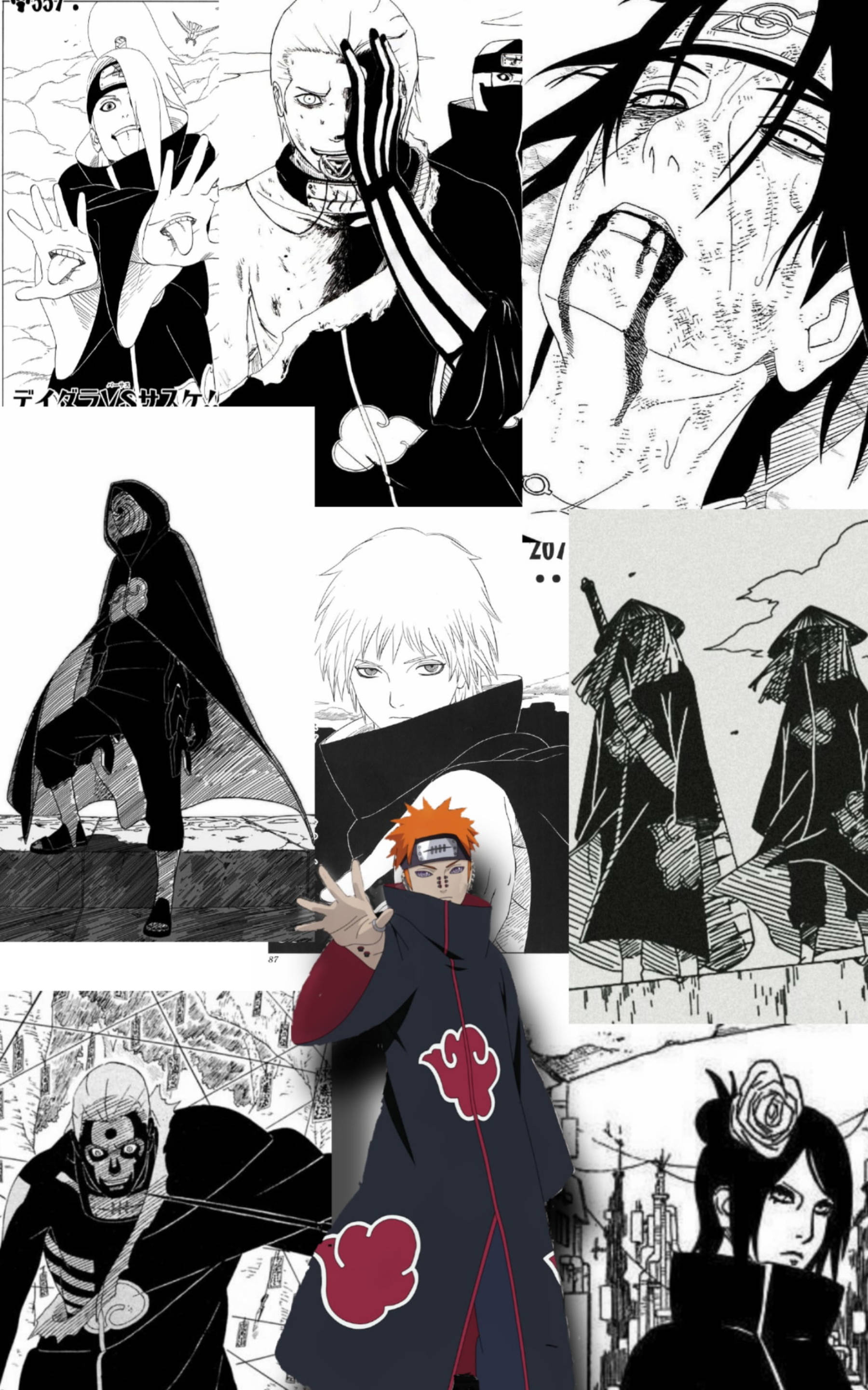 akatsuki phone 桌布 壁紙 — 一幅黑白漫畫拼貼畫， featuring 動漫角色以戲劇性的姿勢和強烈的表情。