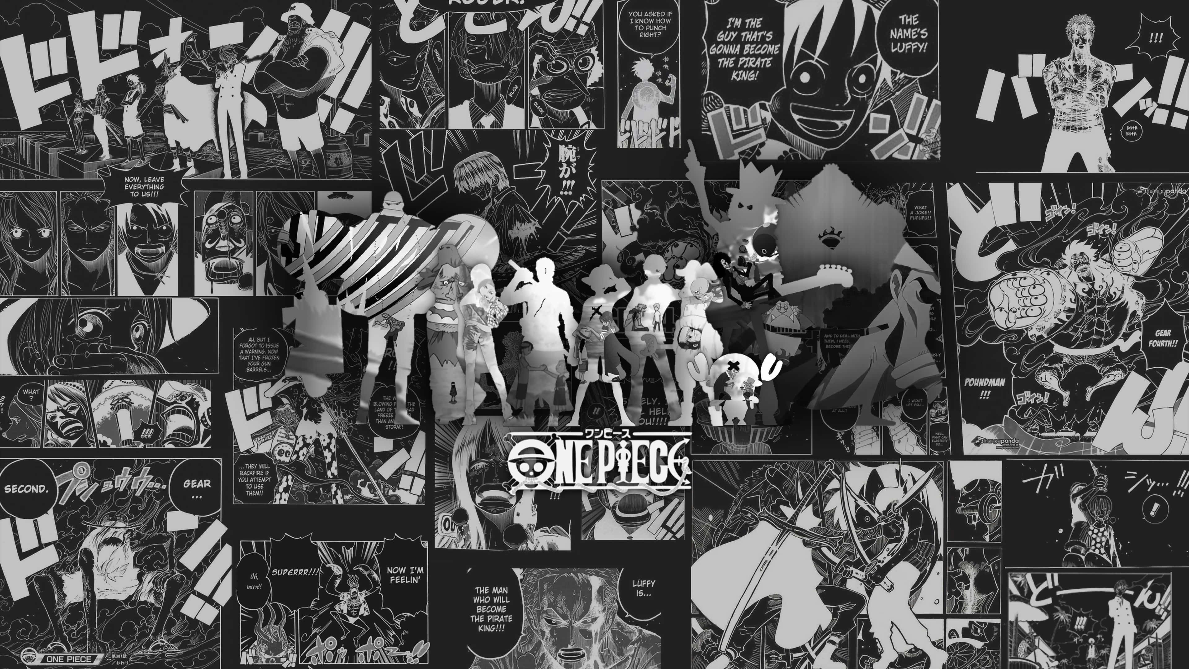 One Piece Black And White 桌布 壁紙 — 一幅黑白漫畫拼貼畫，以One Piece角色和面板為特色，配有粗體對話氣泡和動態動作場景。