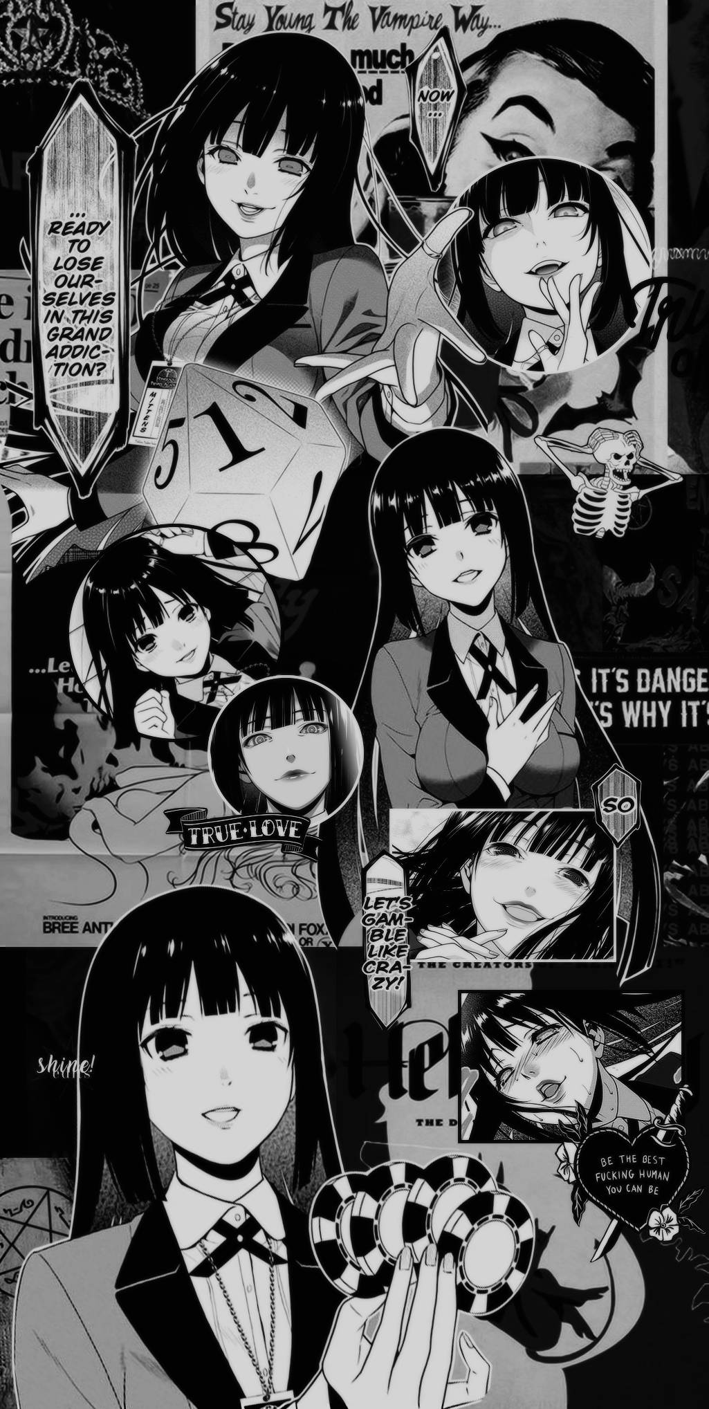 Kakegurui 桌布 壁紙 — 一幅黑白漫畫拼貼畫，描繪多名穿著校服的動漫女孩，配有骰子、撲克籌碼和關於賭博與成癮的對話氣泡。