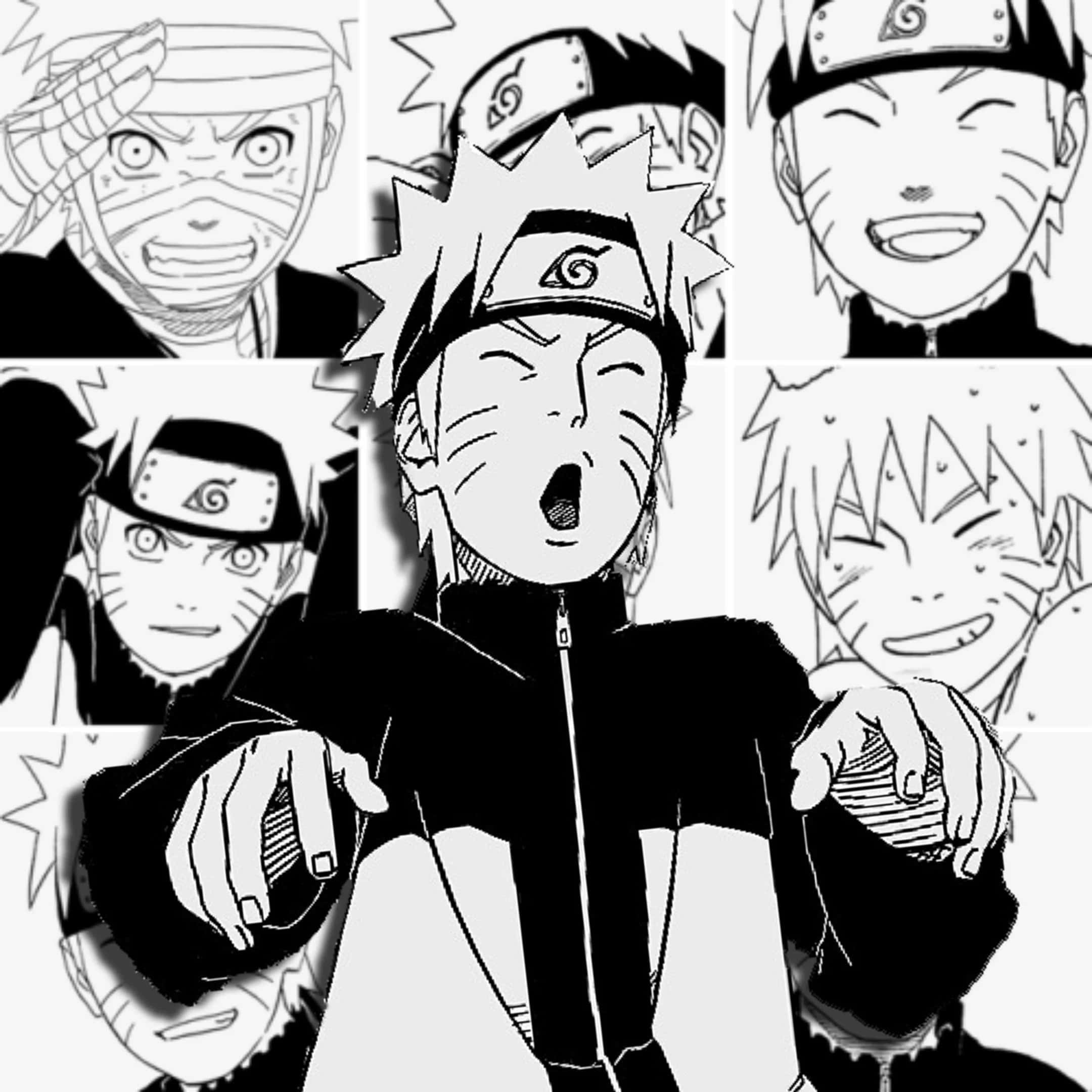 Naruto Manga 桌布 壁紙 — 一幅黑白漫畫拼貼畫，描繪漩渦鳴人各種富有表現力的姿勢和情感。