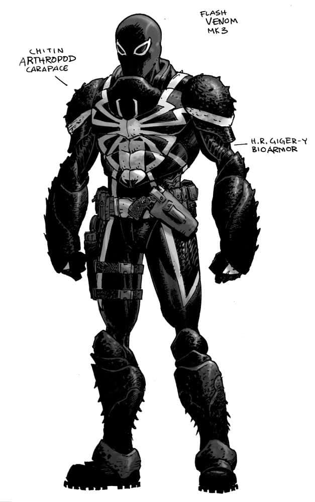 Flash Thompson 桌布 壁紙 — 一幅黑白漫畫插圖，描繪一位肌肉發達、身穿裝甲的超級英雄，帶有蜘蛛標誌和生物力學細節。