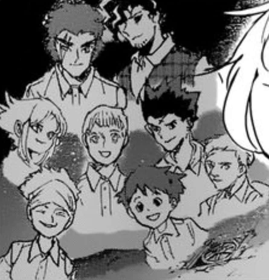 The Promised Neverland Lucas 桌布 壁紙 — 一幅黑白漫畫面板，展示一群穿著有領襯衫、面帶微笑的年輕人聚在一起。