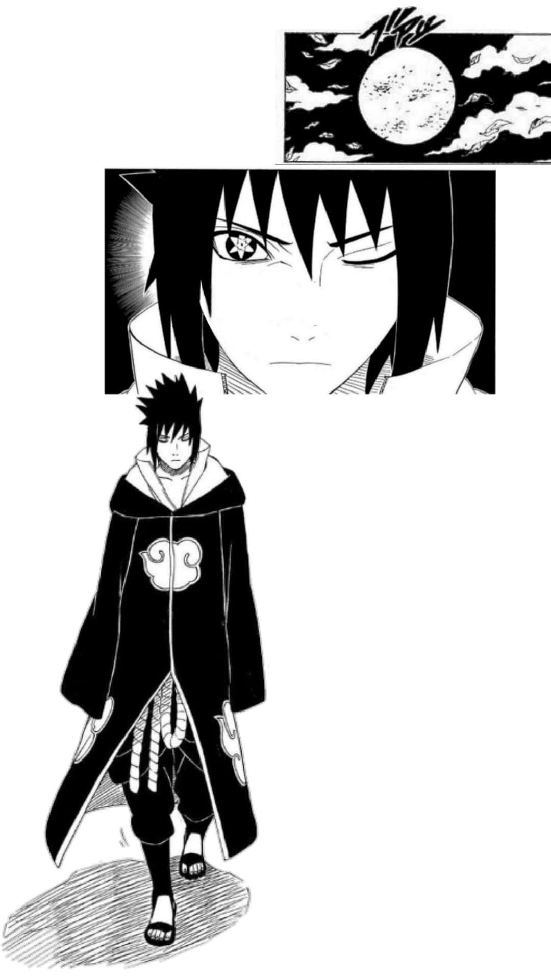 Sasuke Manga 桌布 壁紙 — 一幅黑白漫畫面板，描繪一位戴著面具的忍者，身穿雲紋斗篷，站在滿月下，並有他銳利眼睛的特寫。