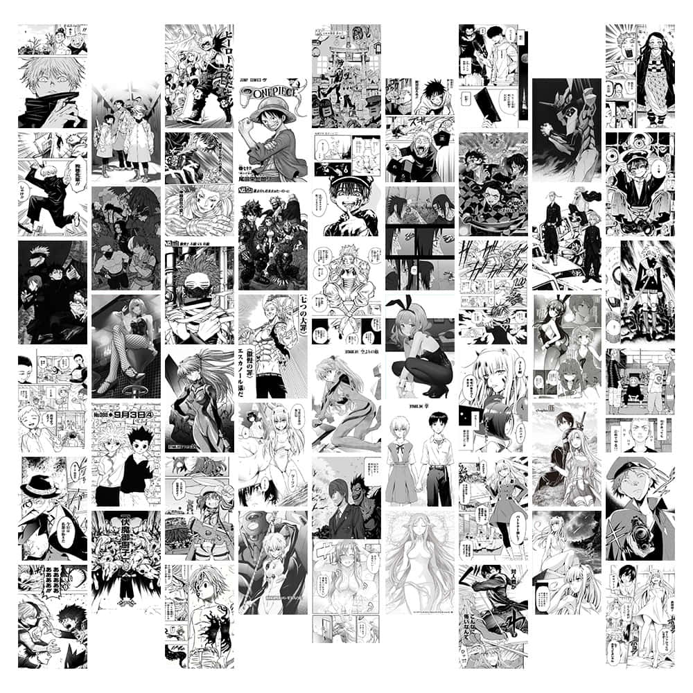 桌布 壁紙 — 一幅黑白漫畫面板拼貼畫，展現不同角色在動態動作和情感場景中的風采。