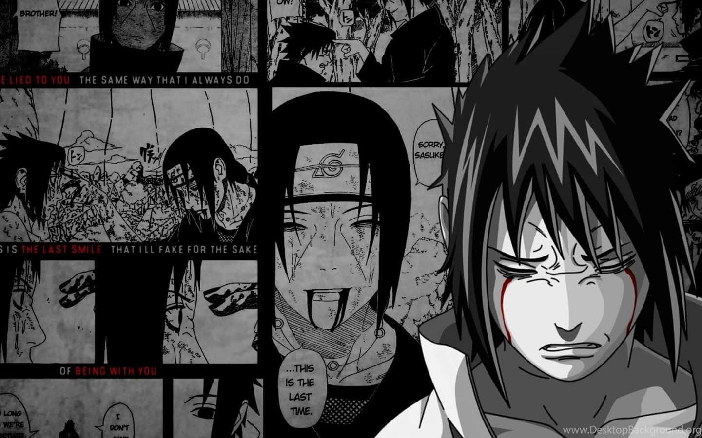 Sasuke Manga 桌布 壁紙 — 一幅黑白漫畫面板拼貼畫，描繪一個哭泣的動漫角色，帶有紅色眼淚和戲劇性的對話氣泡。